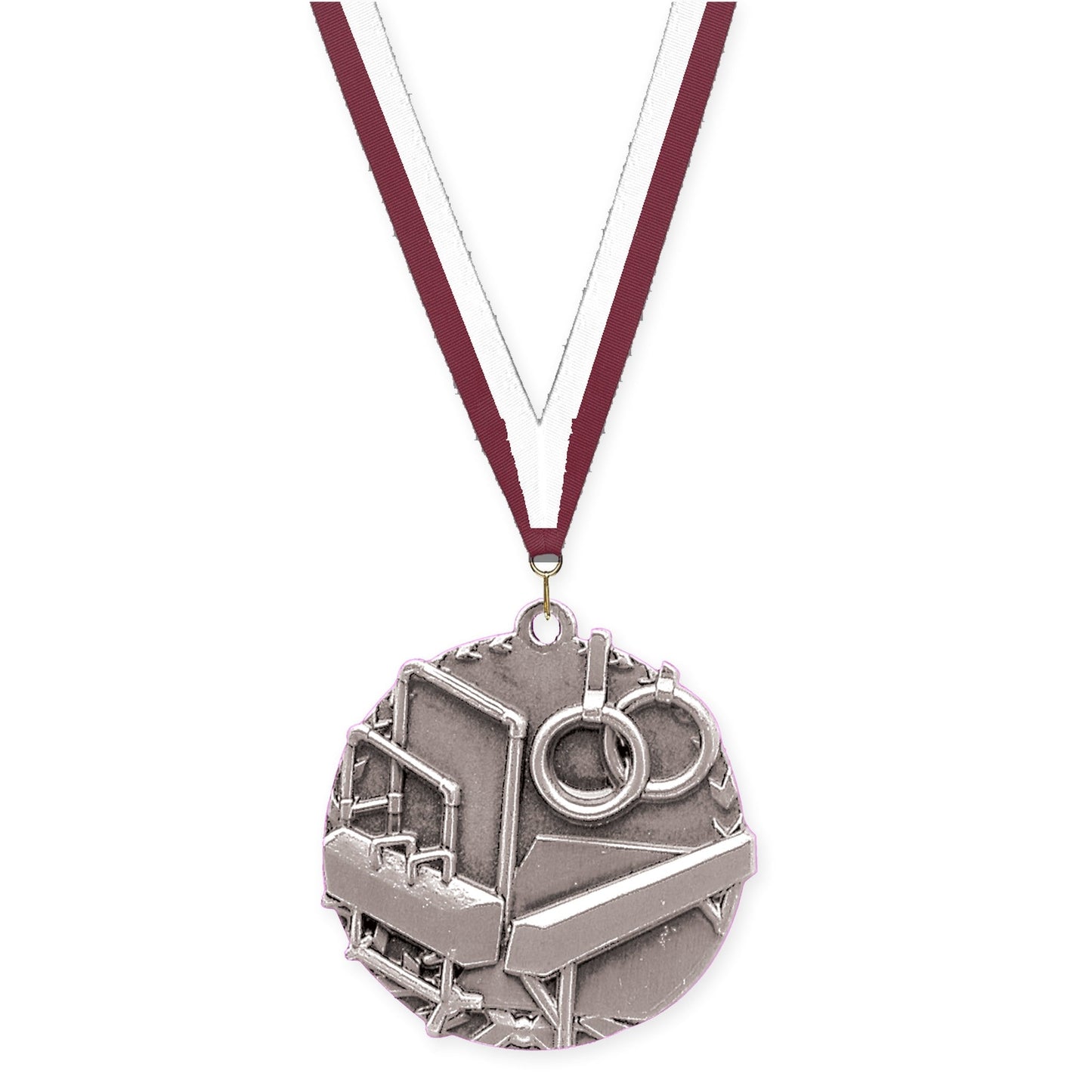 1 3/4 inch gymnastics Millennium medal in antique silver with Maroon White neck ribbon