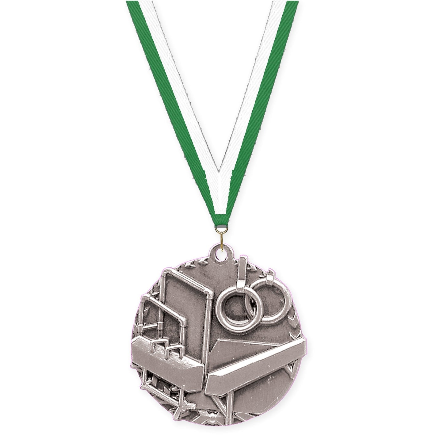1 3/4 inch gymnastics Millennium medal in antique silver with Green White neck ribbon