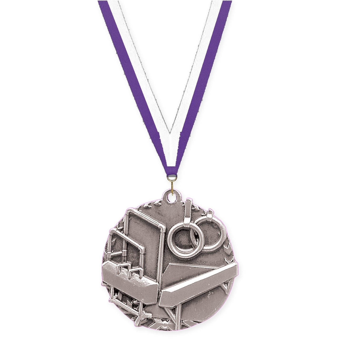 1 3/4 inch gymnastics Millennium medal in antique silver with Purple White neck ribbon