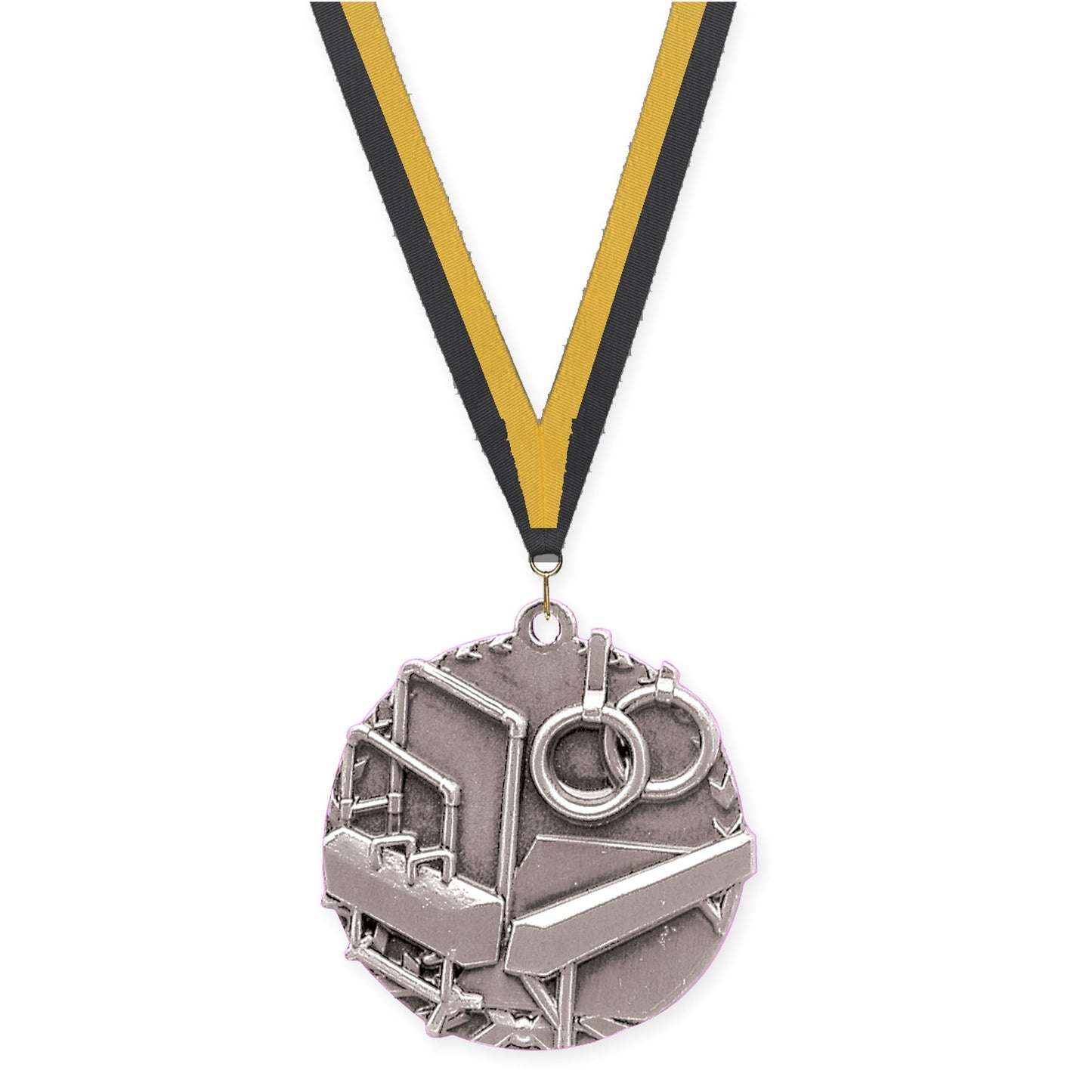 1 3/4 inch gymnastics Millennium medal in antique silver with Black Gold neck ribbon