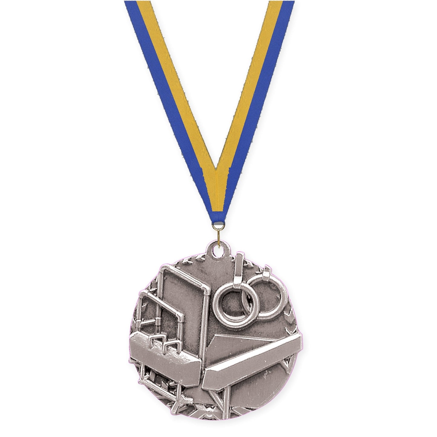 1 3/4 inch gymnastics Millennium medal in antique silver with Blue Gold neck ribbon