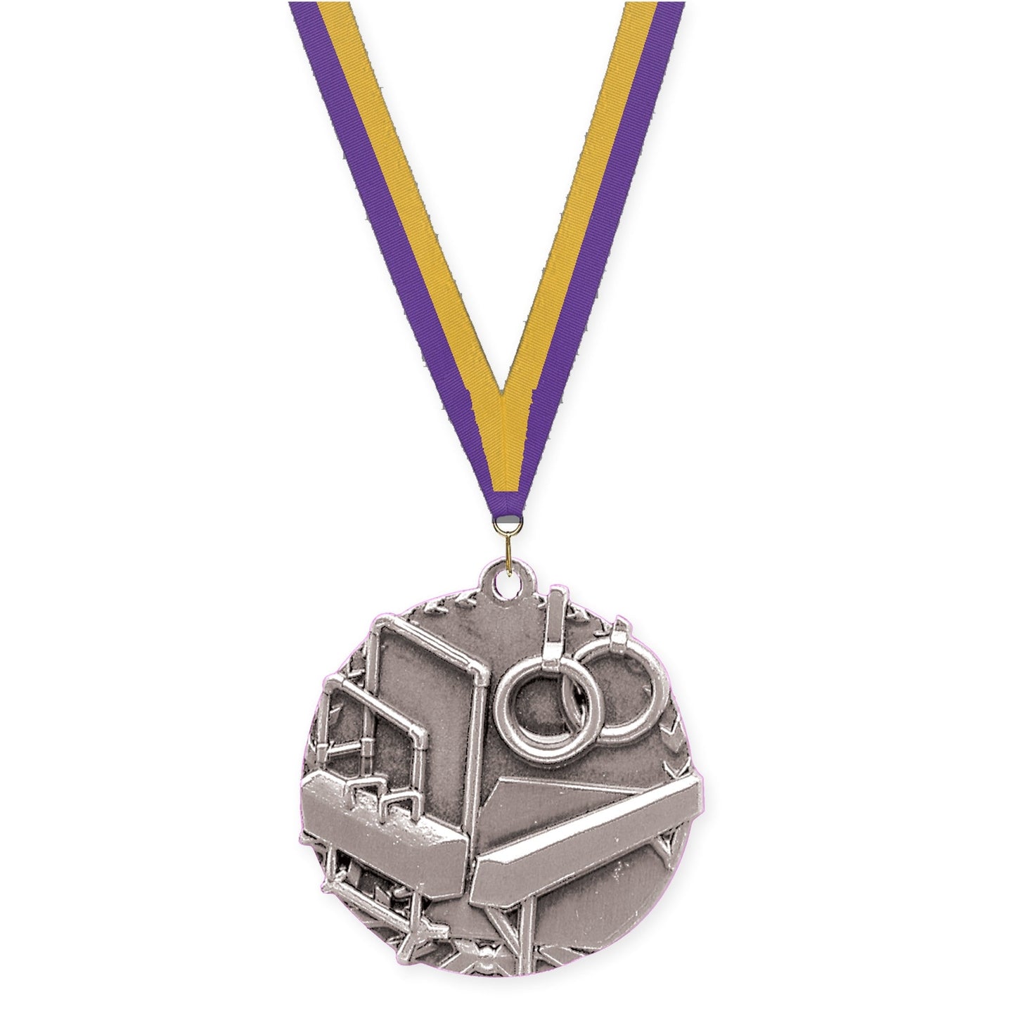 1 3/4 inch gymnastics Millennium medal in antique silver with Purple Gold neck ribbon