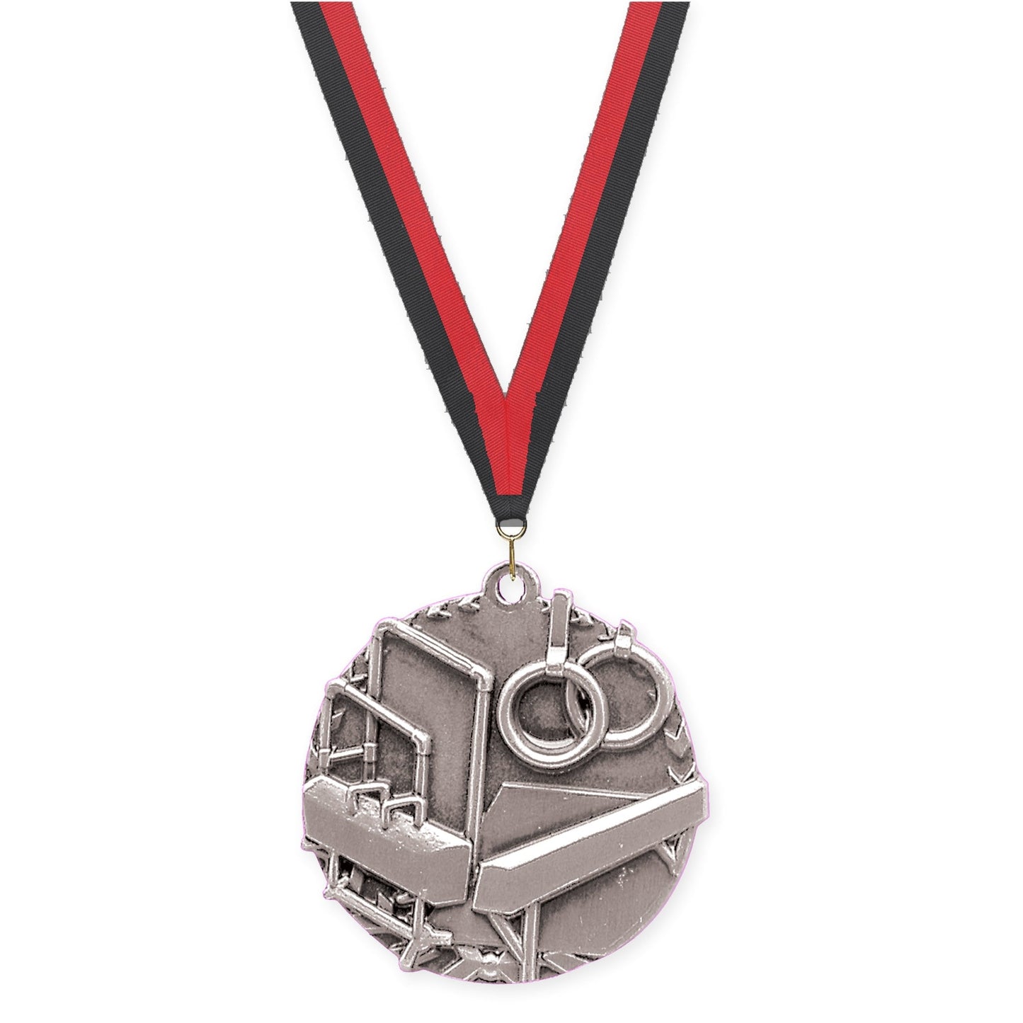 1 3/4 inch gymnastics Millennium medal in antique silver with Black Red neck ribbon