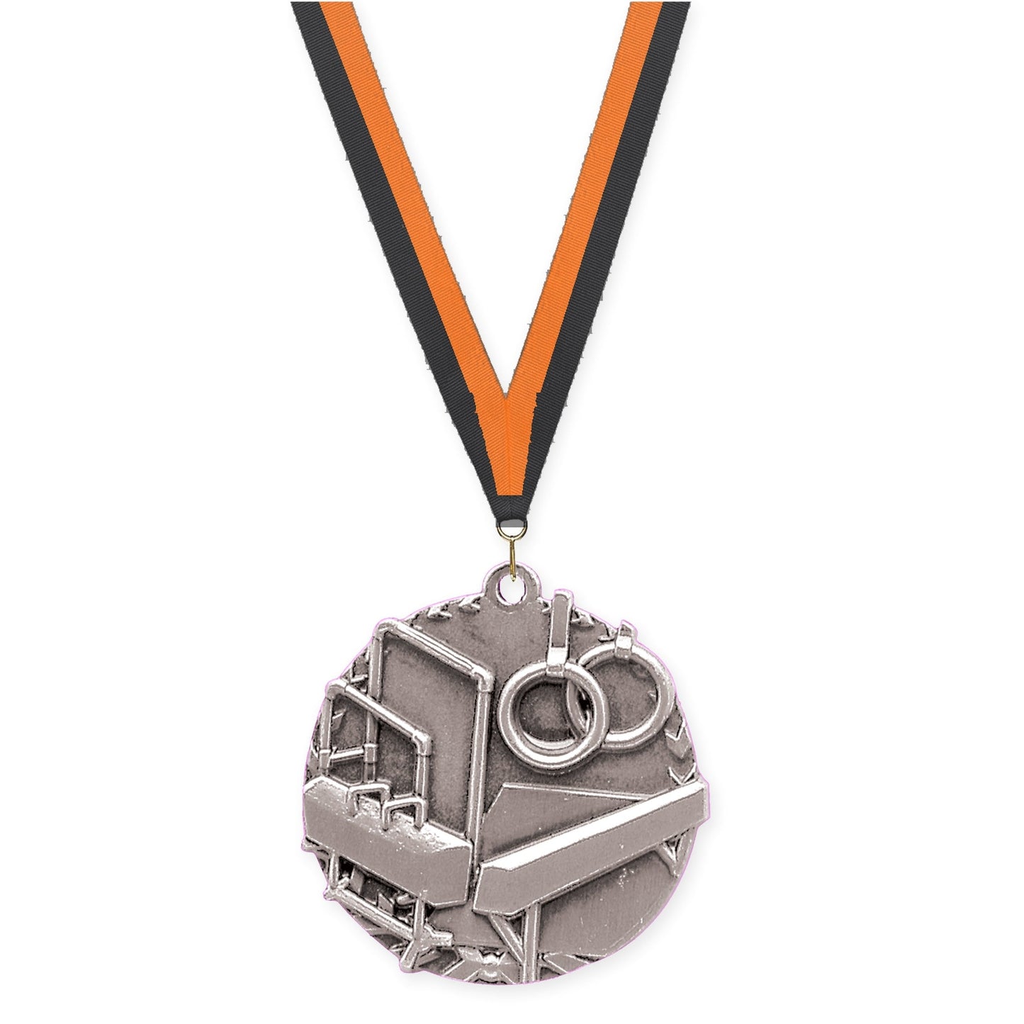 1 3/4 inch gymnastics Millennium medal in antique silver with Black Orange neck ribbon