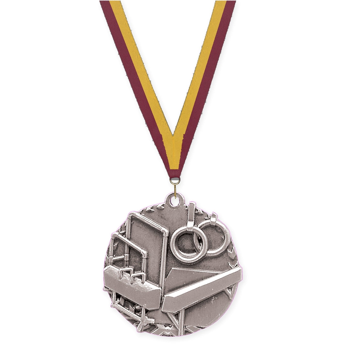 1 3/4 inch gymnastics Millennium medal in antique silver with Maroon Gold neck ribbon