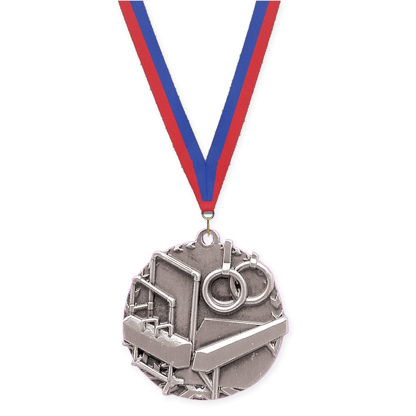 1 3/4 inch gymnastics Millennium medal in antique silver with Blue Red neck ribbon