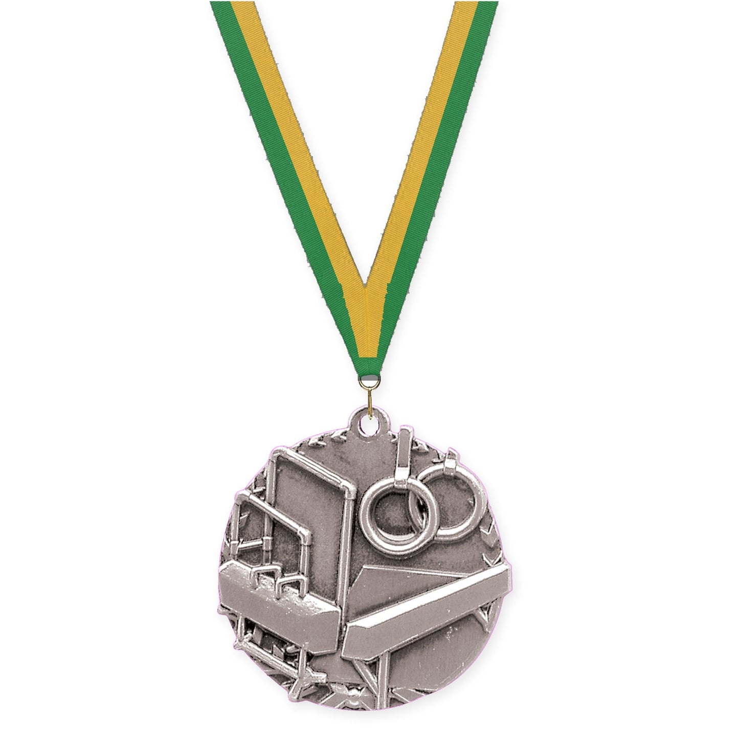 1 3/4 inch gymnastics Millennium medal in antique silver with Green Gold neck ribbon