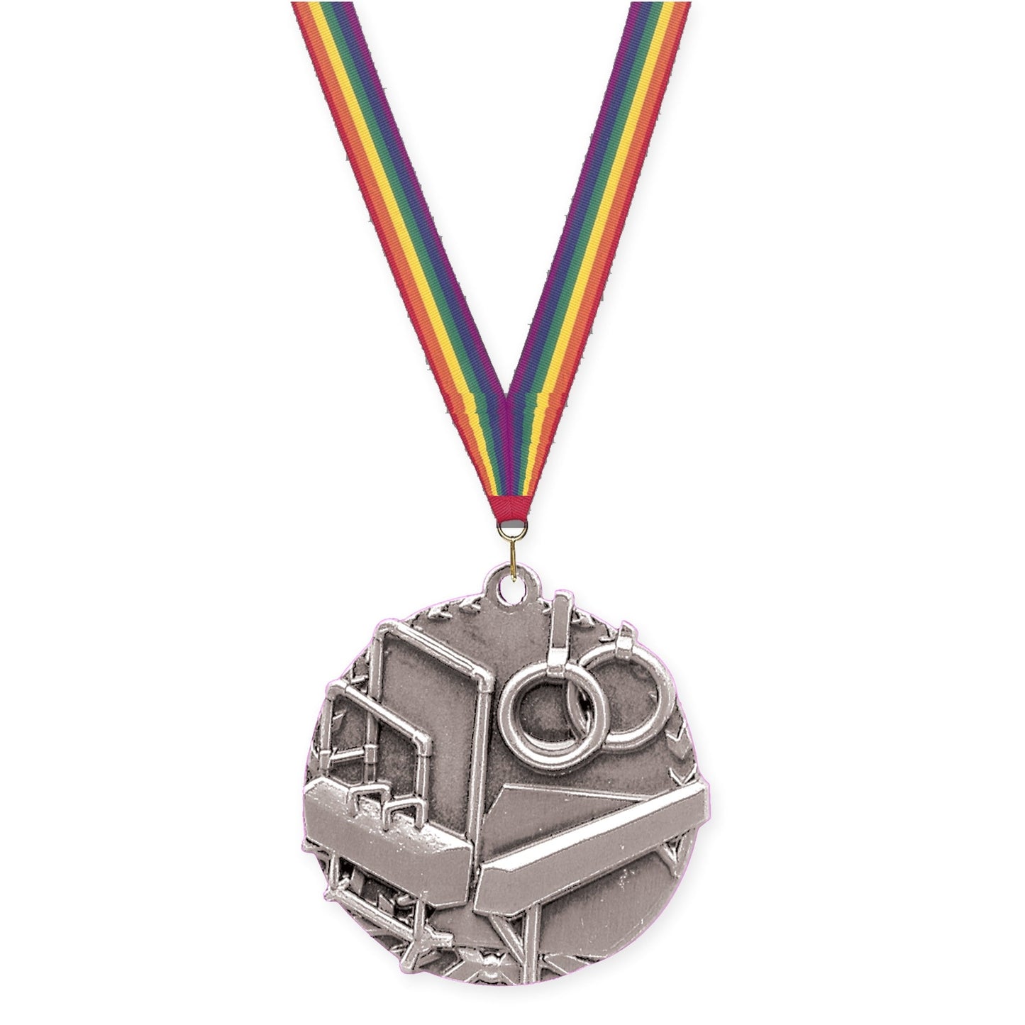 1 3/4 inch gymnastics Millennium medal in antique silver with Rainbow neck ribbon