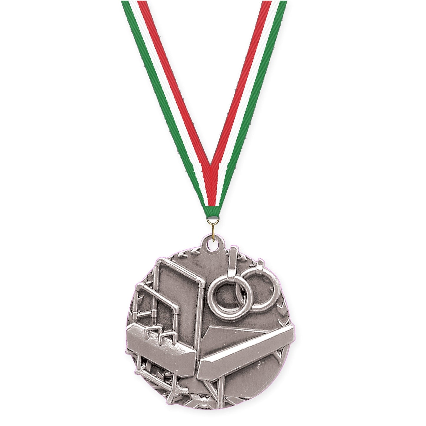 1 3/4 inch gymnastics Millennium medal in antique silver with Green White Red neck ribbon
