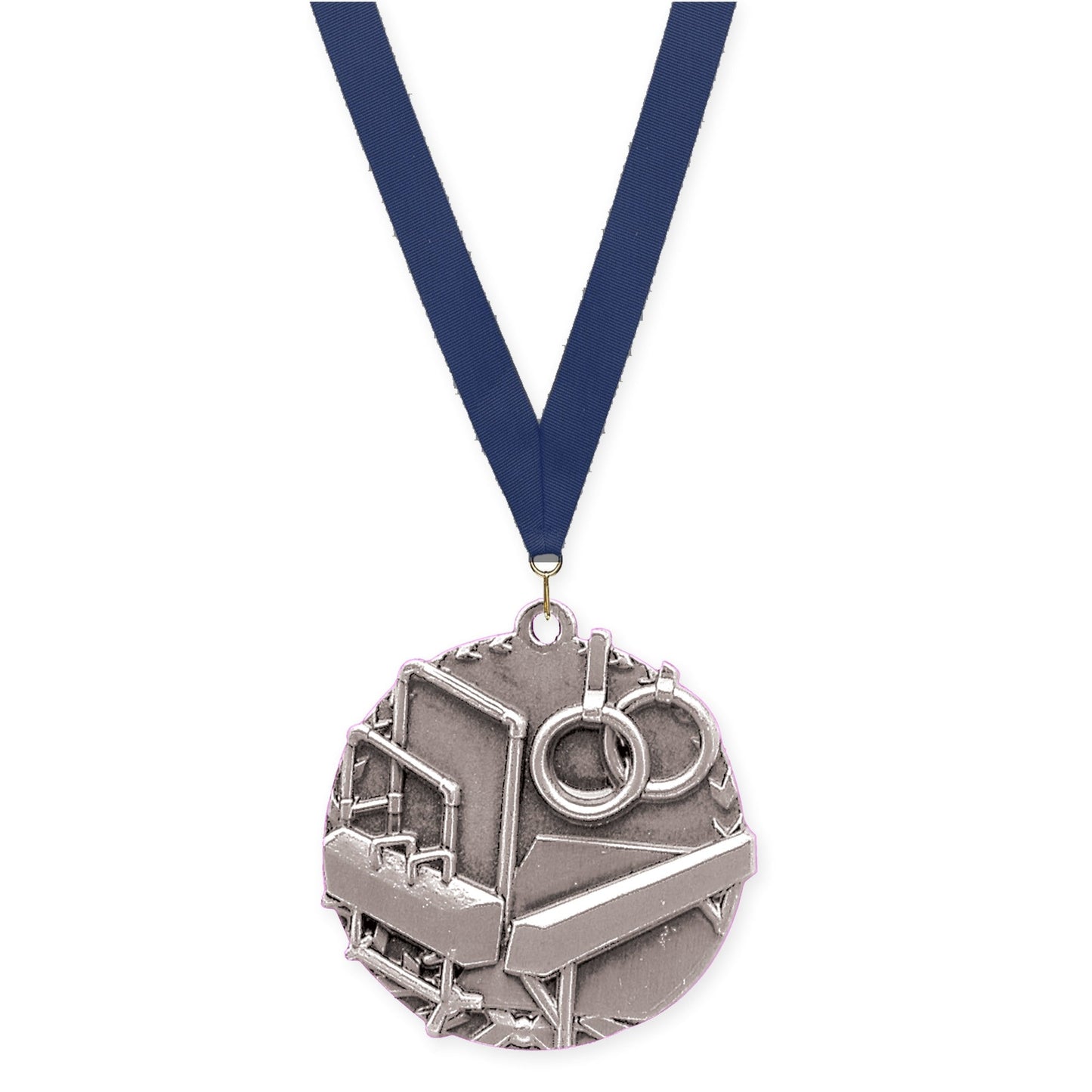 1 3/4 inch gymnastics Millennium medal in antique silver with Navy neck ribbon