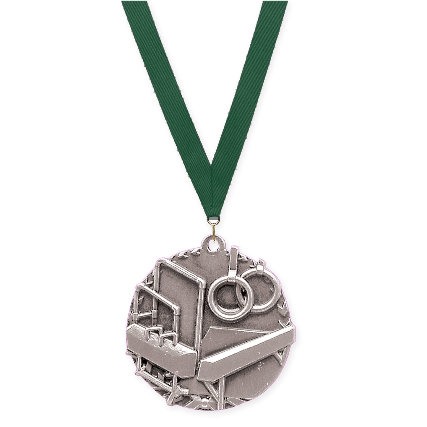 1 3/4 inch gymnastics Millennium medal in antique silver with Hunter Green neck ribbon