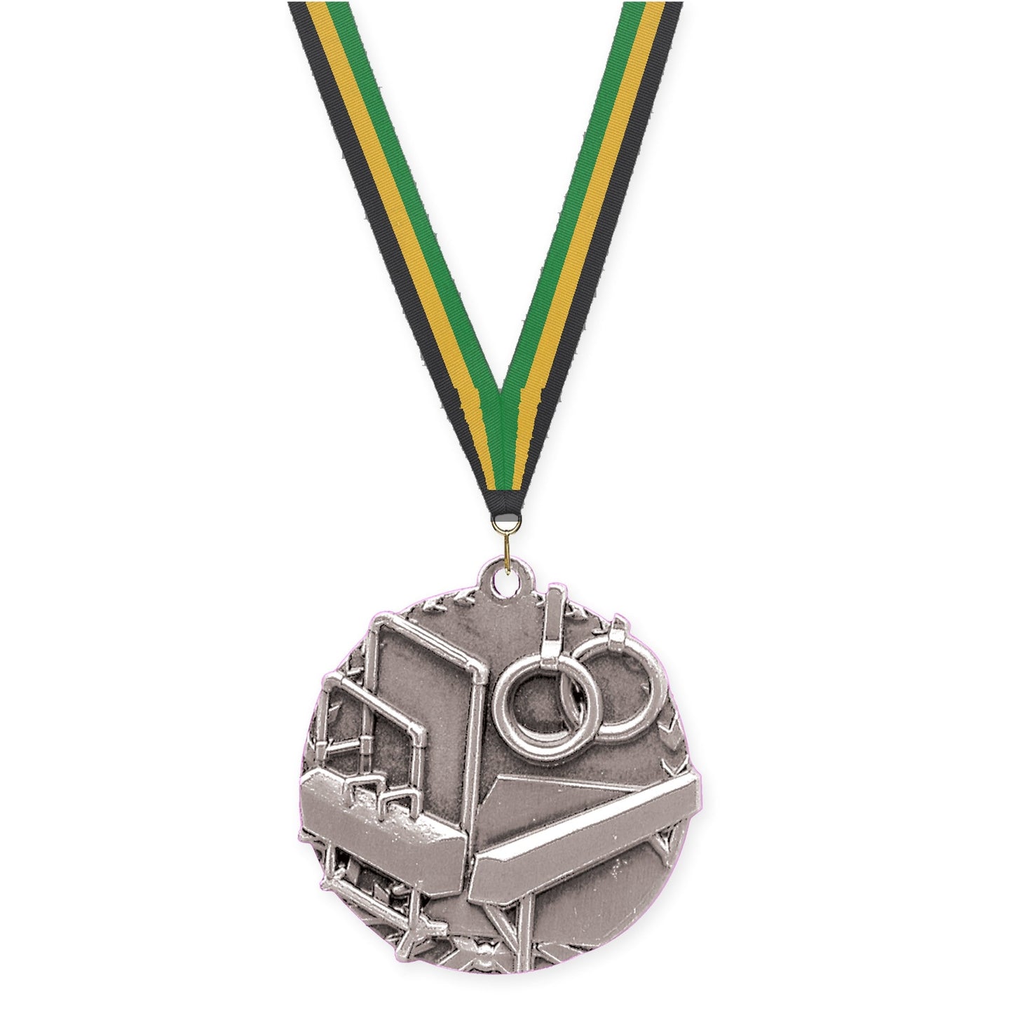1 3/4 inch gymnastics Millennium medal in antique silver with Black Gold Green neck ribbon