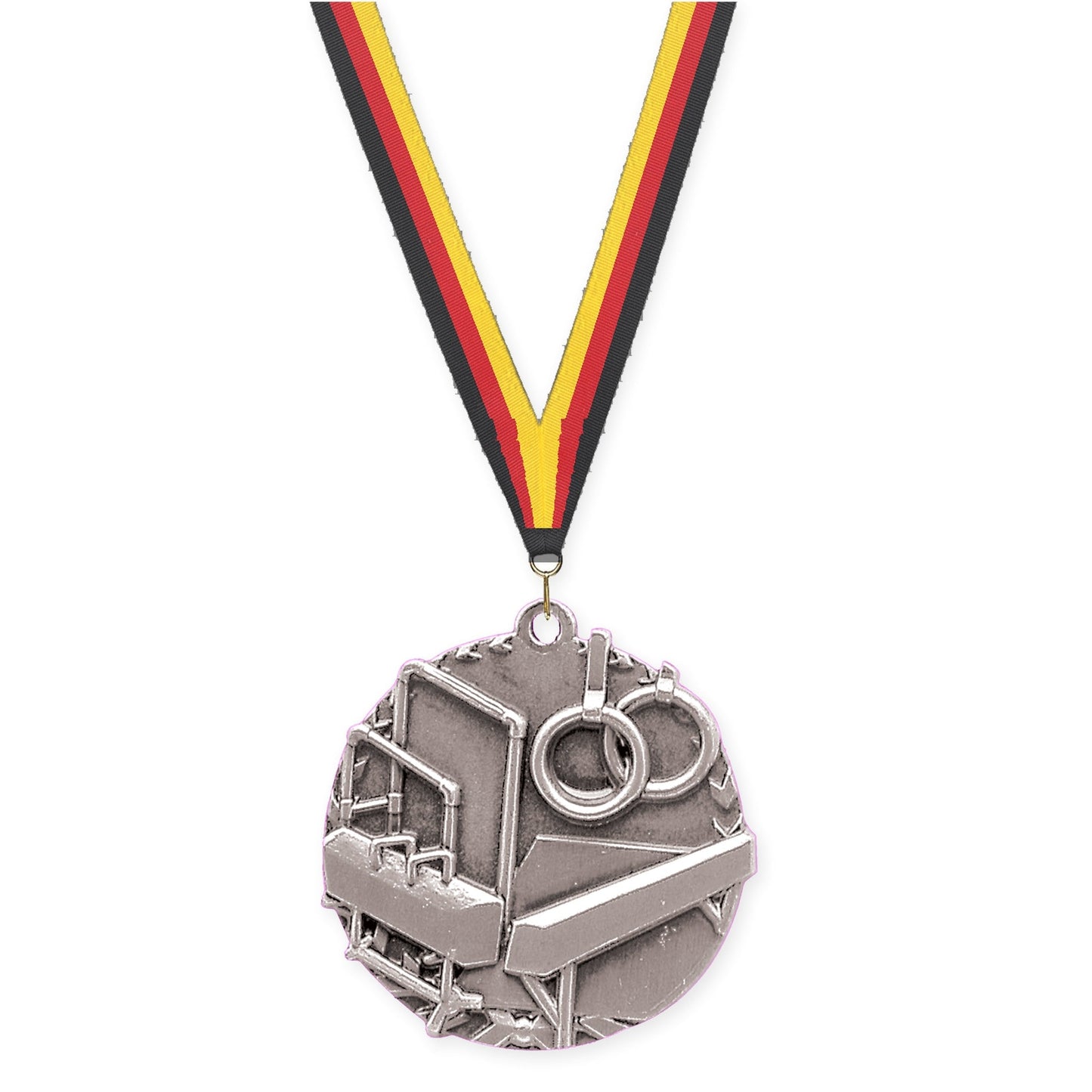 1 3/4 inch gymnastics Millennium medal in antique silver with Black Red Yellow neck ribbon