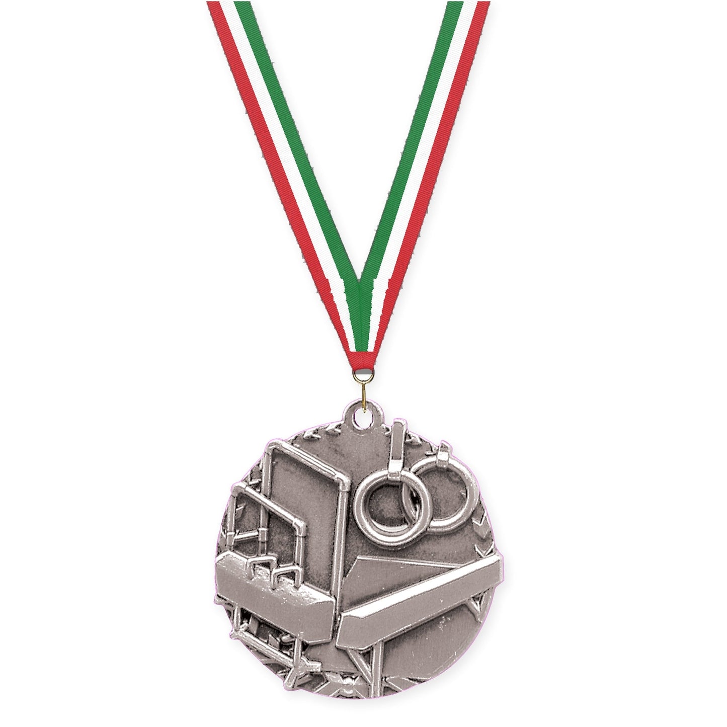 1 3/4 inch gymnastics Millennium medal in antique silver with Red White Green neck ribbon