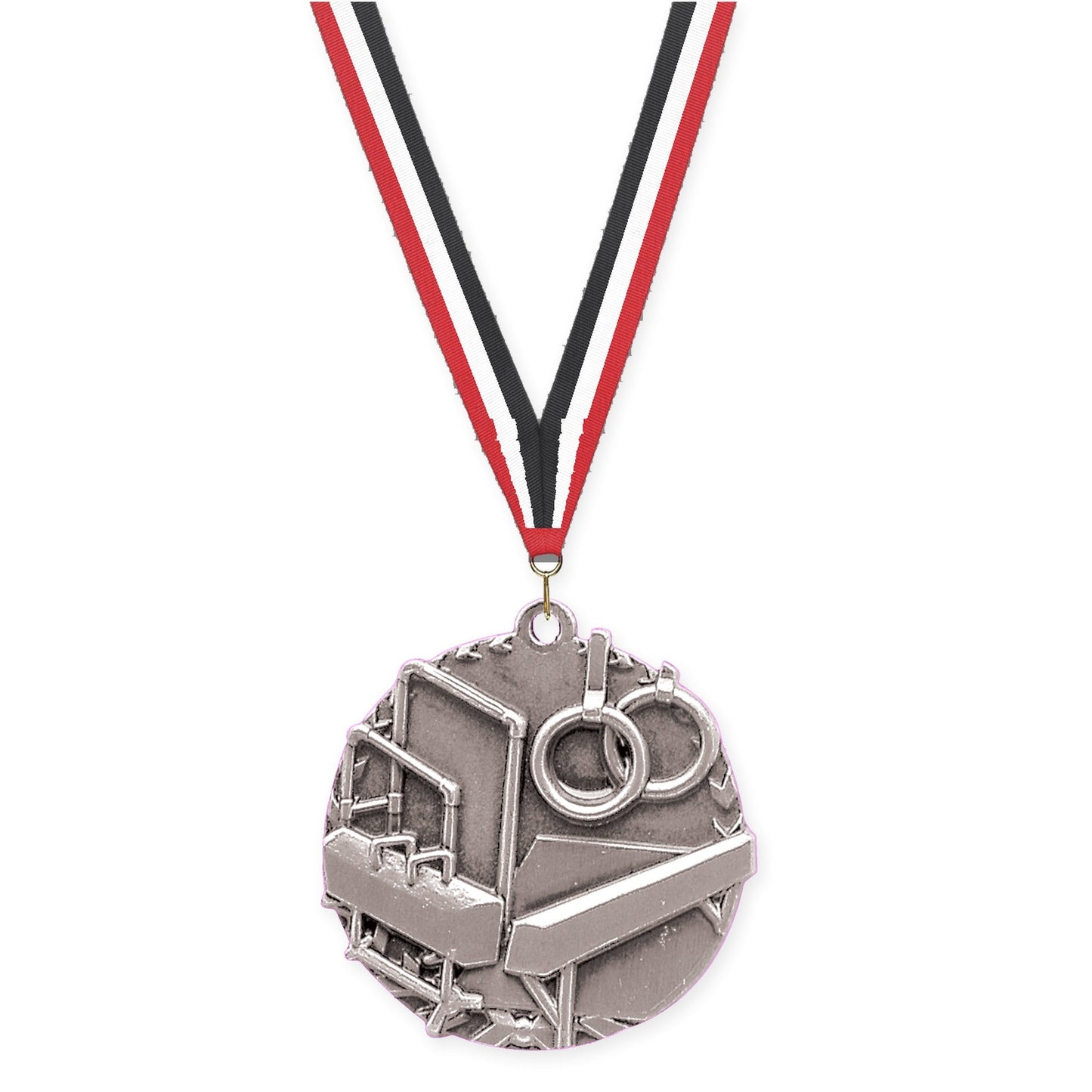 1 3/4 inch gymnastics Millennium medal in antique silver with Red White Black neck ribbon