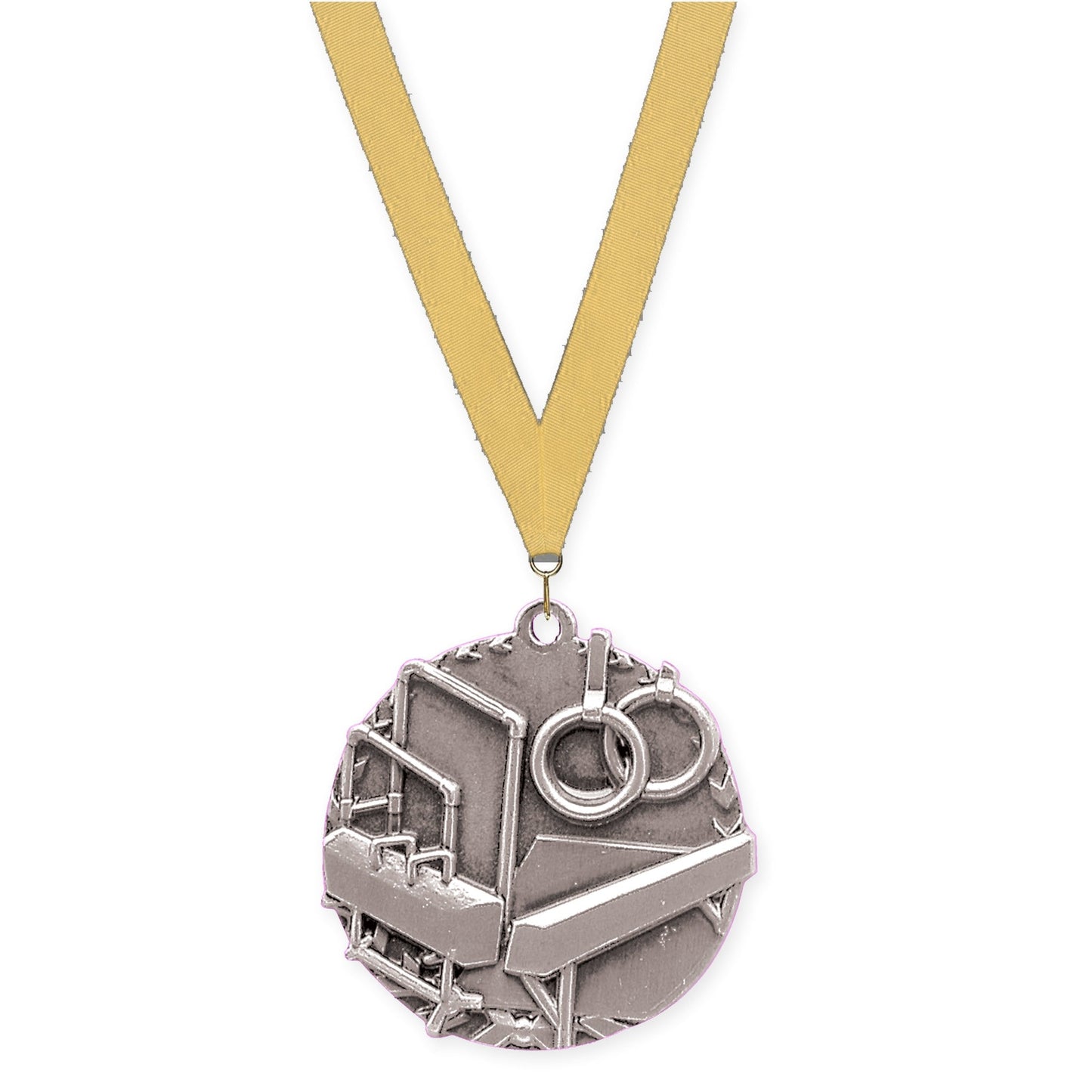 1 3/4 inch gymnastics Millennium medal in antique silver with Gold Metallic neck ribbon