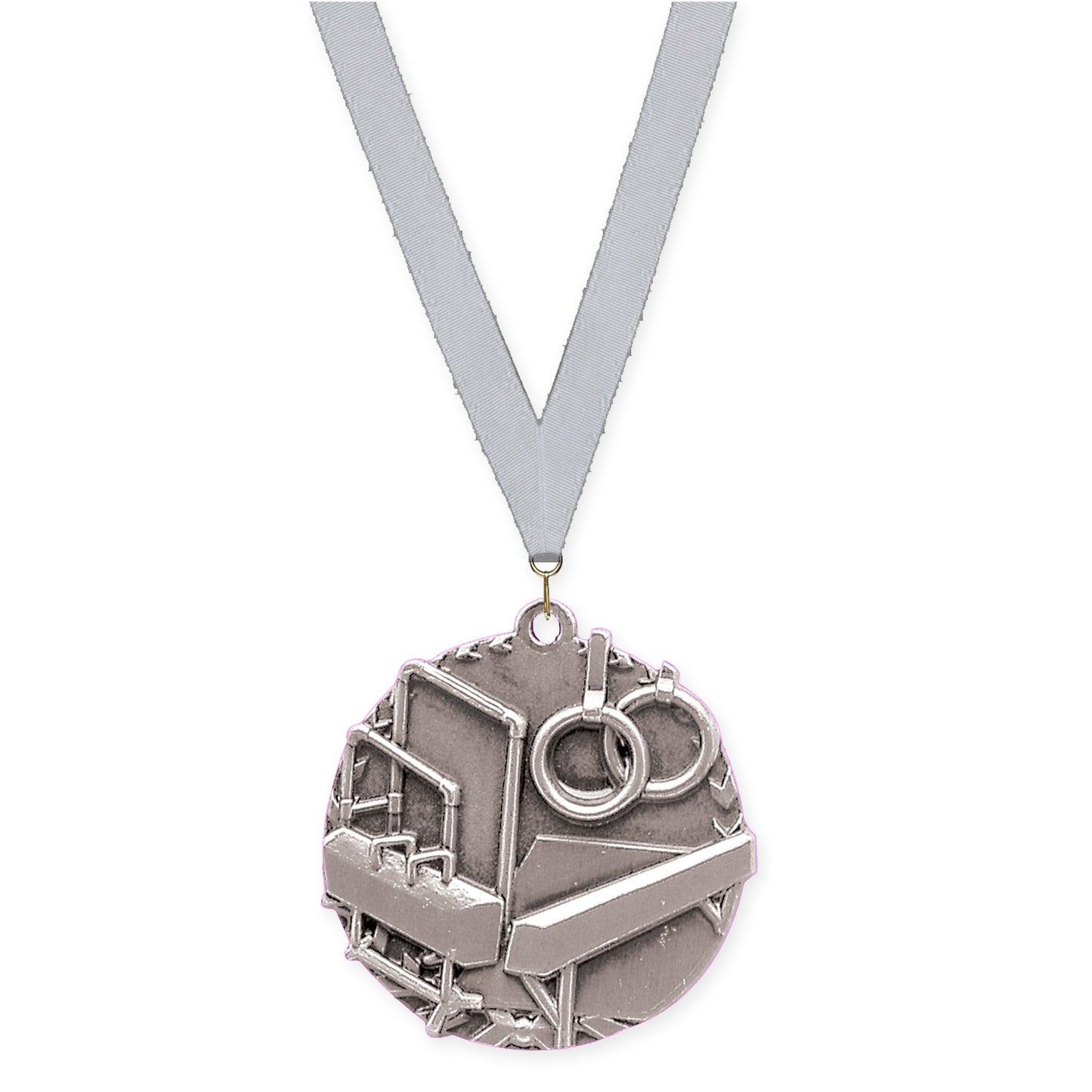 1 3/4 inch gymnastics Millennium medal in antique silver with Silver Metallic neck ribbon