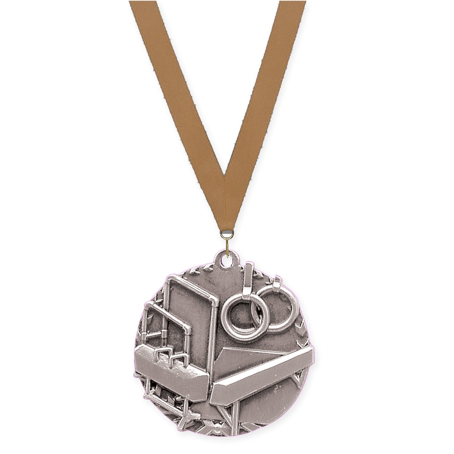 1 3/4 inch gymnastics Millennium medal in antique silver with Bronze Metallic neck ribbon