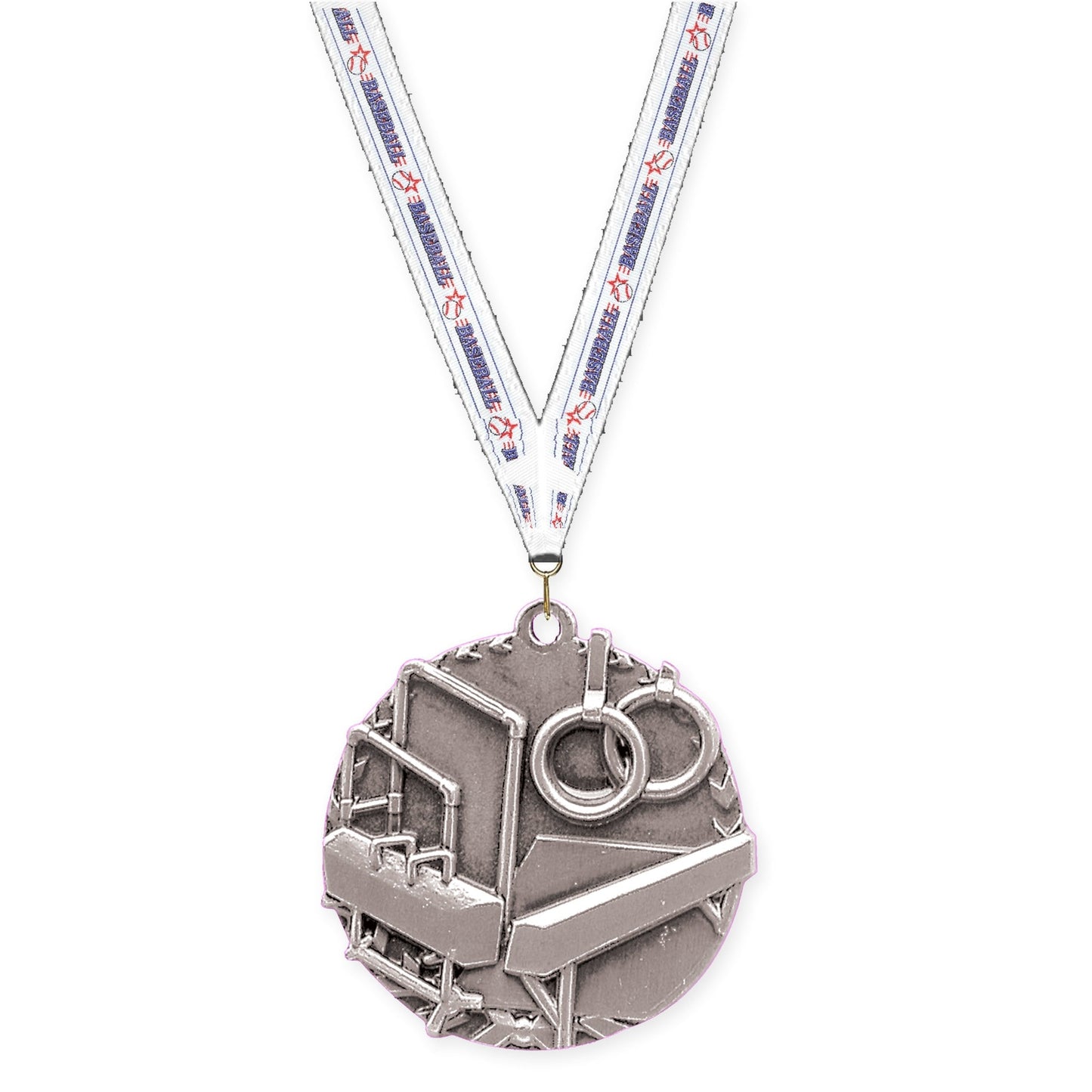 1 3/4 inch gymnastics Millennium medal in antique silver with Baseball neck ribbon
