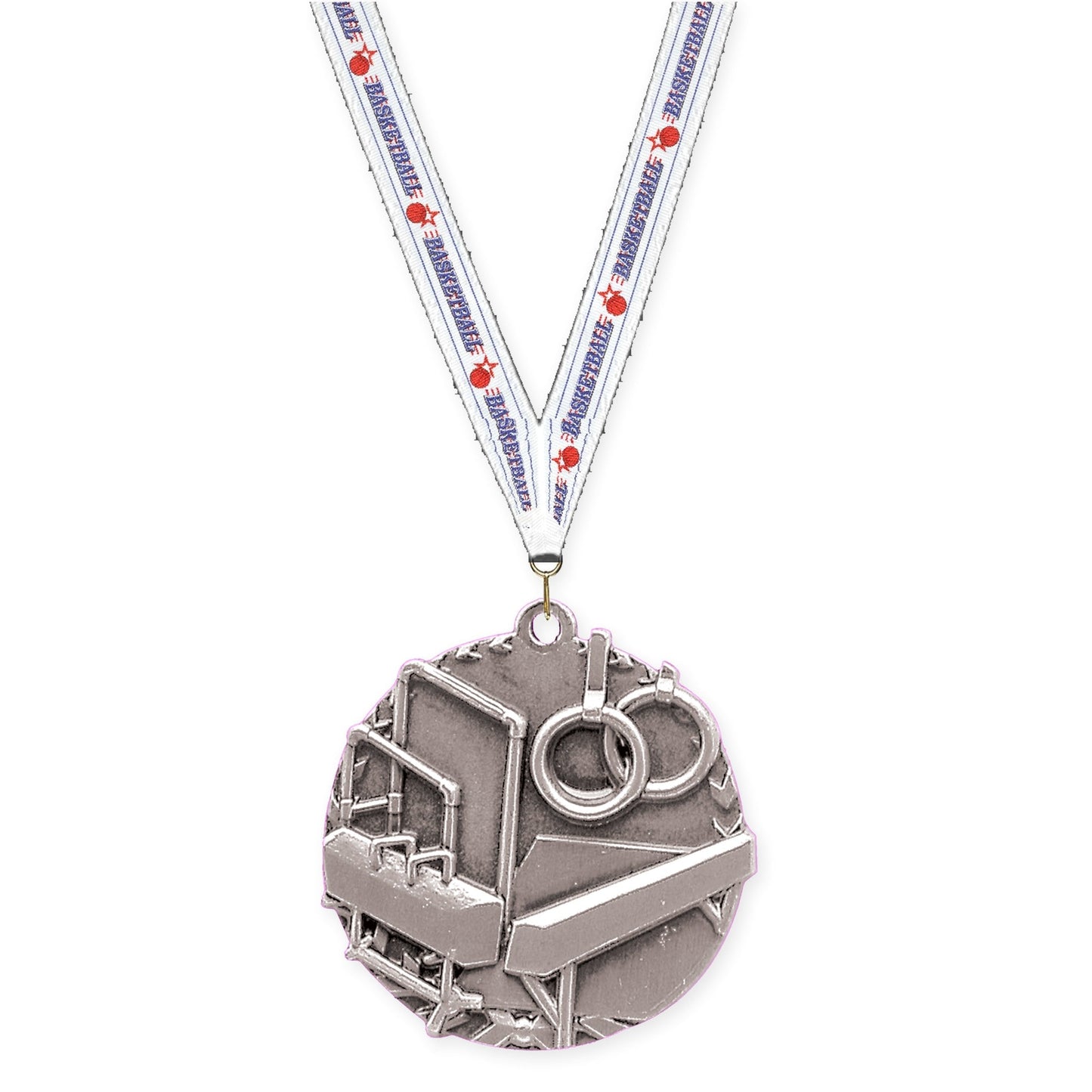 1 3/4 inch gymnastics Millennium medal in antique silver with Basketball neck ribbon