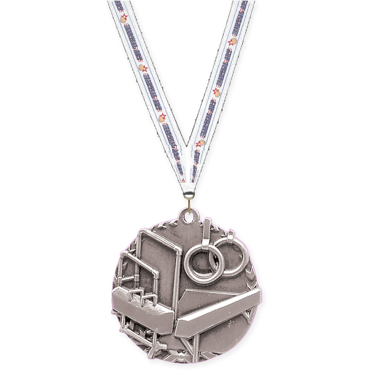 1 3/4 inch gymnastics Millennium medal in antique silver with Martial Arts neck ribbon
