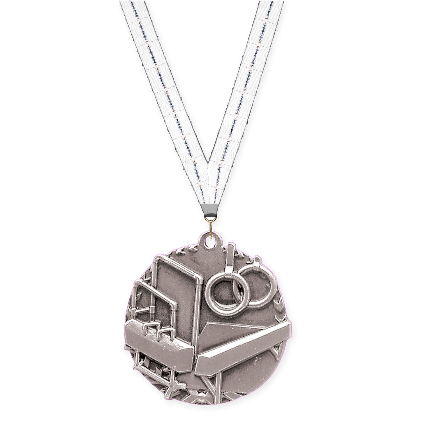 1 3/4 inch gymnastics Millennium medal in antique silver with Lamp Of Knowledge neck ribbon