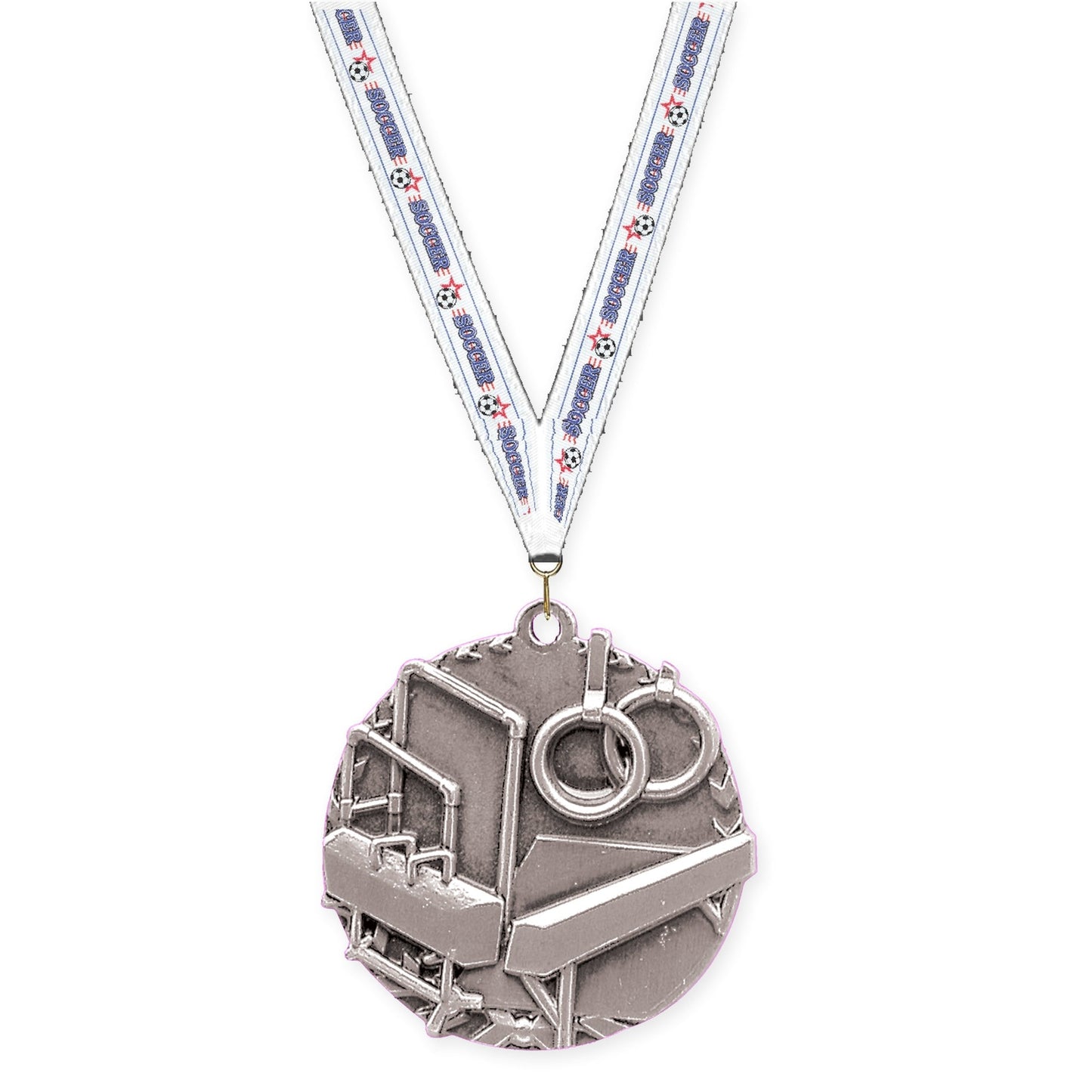 1 3/4 inch gymnastics Millennium medal in antique silver with Soccer neck ribbon