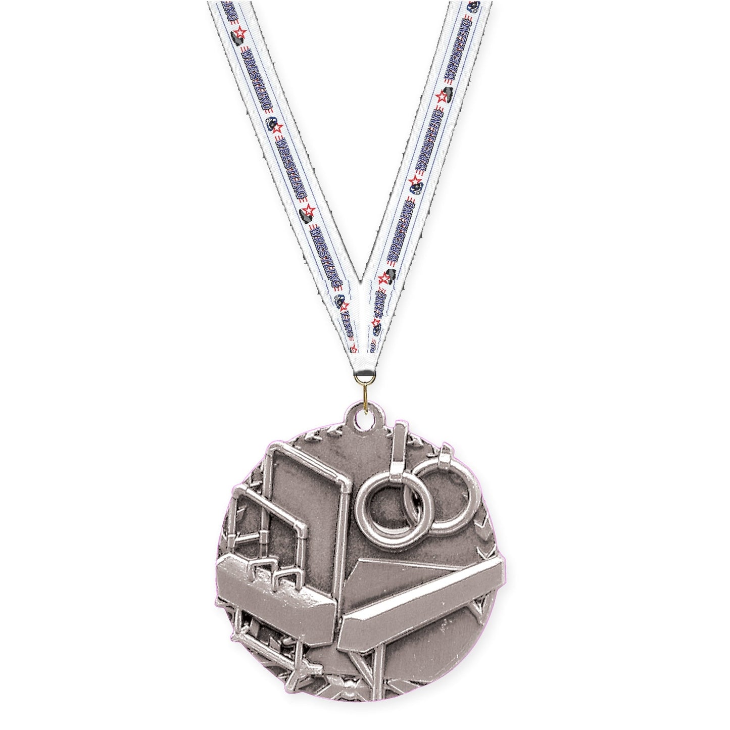 1 3/4 inch gymnastics Millennium medal in antique silver with Wrestling neck ribbon