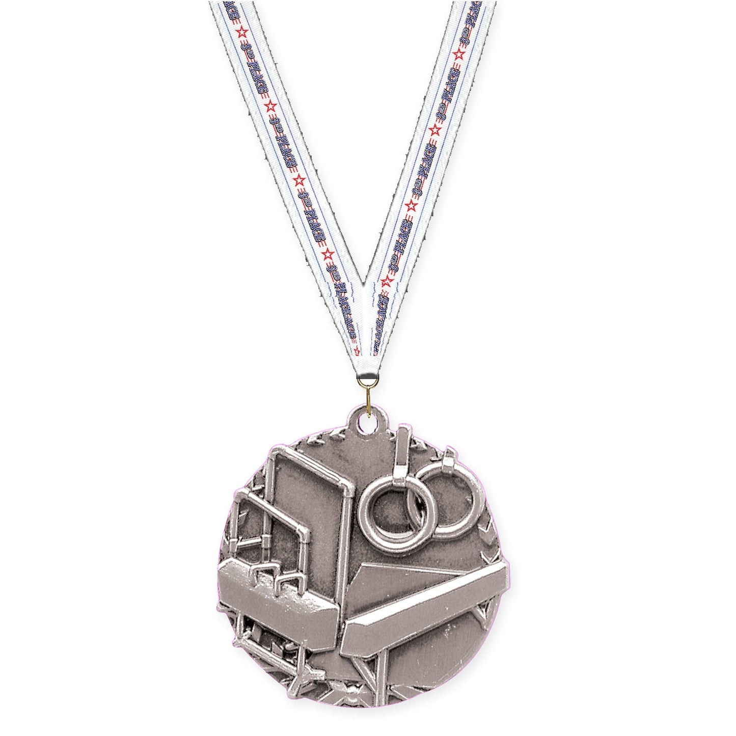 1 3/4 inch gymnastics Millennium medal in antique silver with 3rd Place neck ribbon