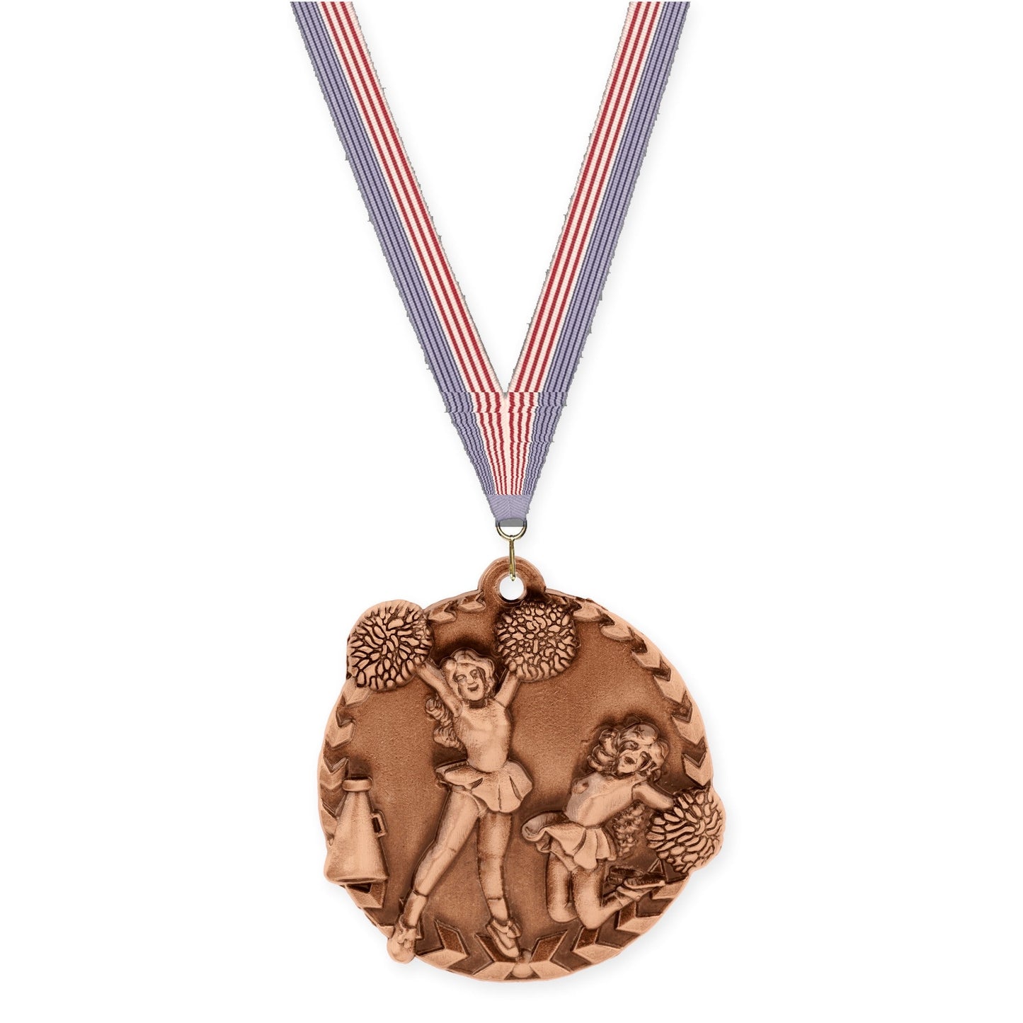 1 3/4 inch cheerleading Millennium medal in antique bronze with USA Flag neck ribbon