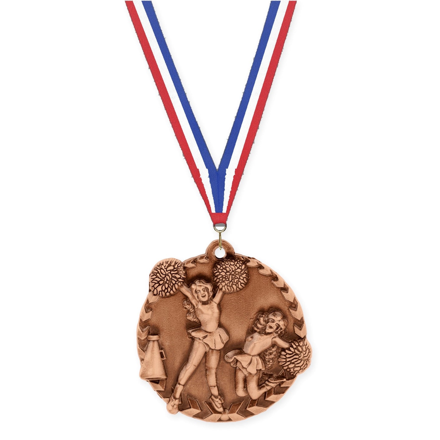 1 3/4 inch cheerleading Millennium medal in antique bronze with Red White Blue neck ribbon