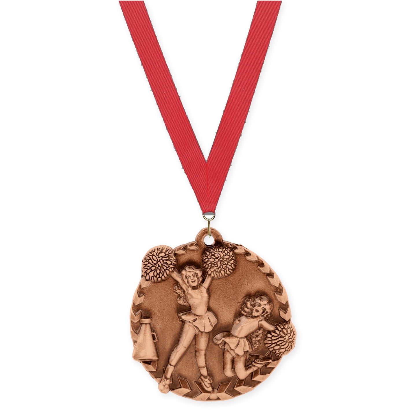 1 3/4 inch cheerleading Millennium medal in antique bronze with Red neck ribbon