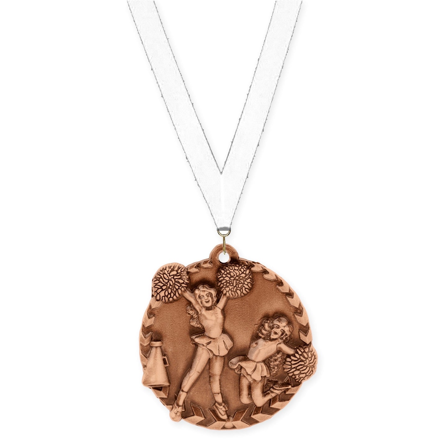 1 3/4 inch cheerleading Millennium medal in antique bronze with White neck ribbon