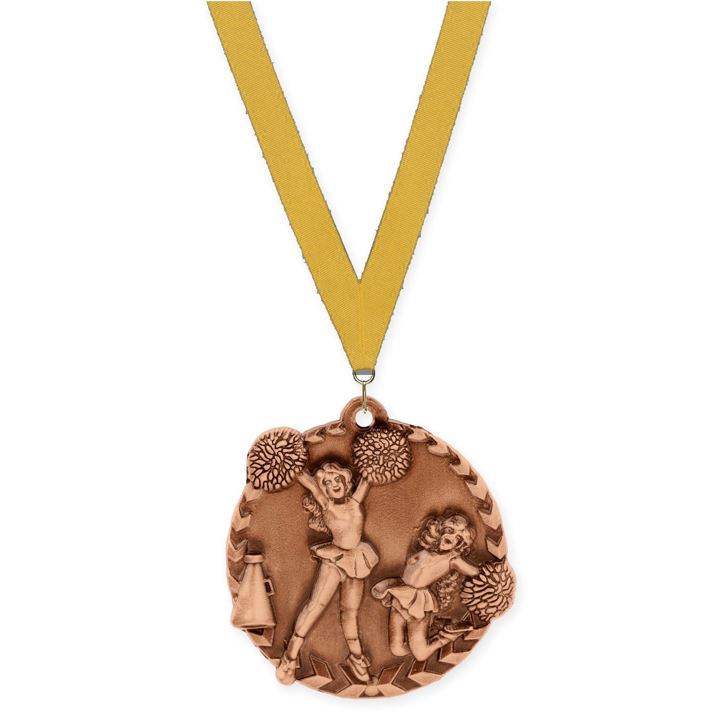1 3/4 inch cheerleading Millennium medal in antique bronze with Gold neck ribbon