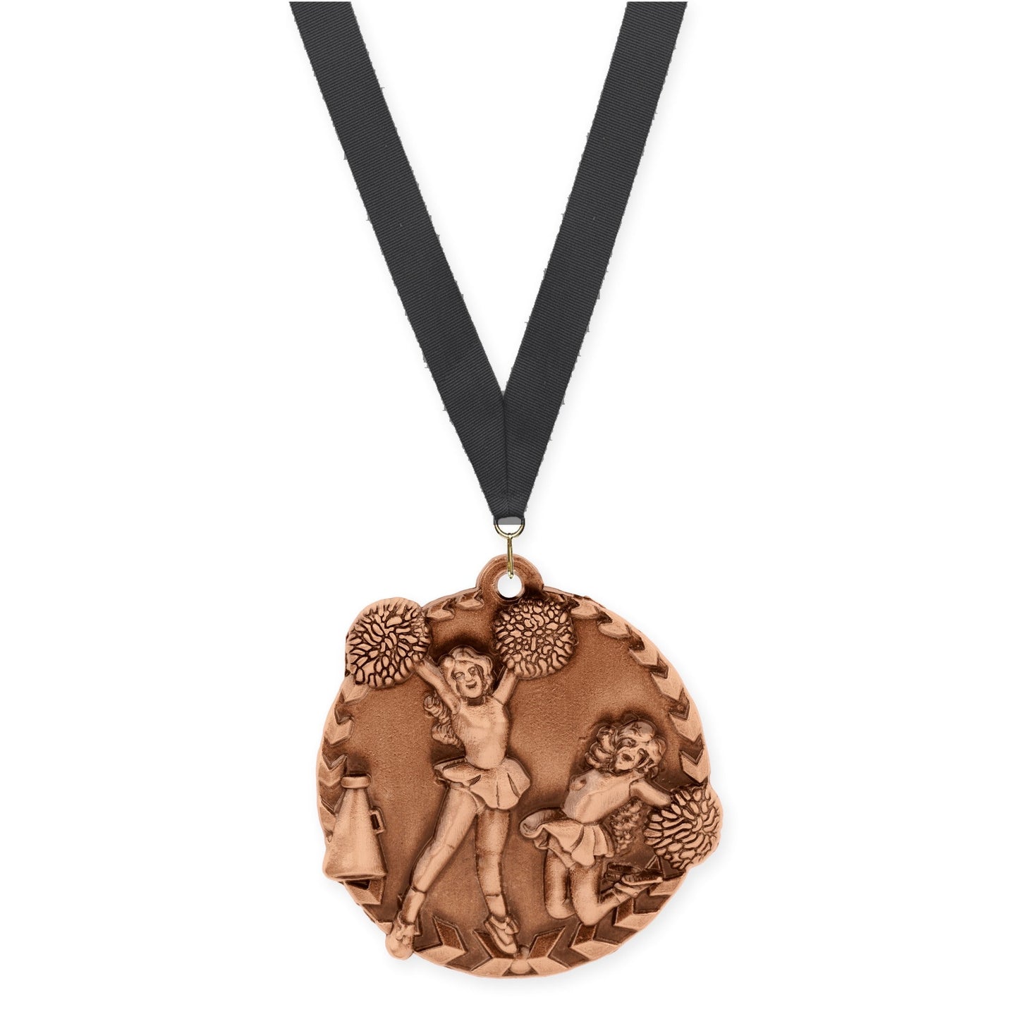 1 3/4 inch cheerleading Millennium medal in antique bronze with Black neck ribbon
