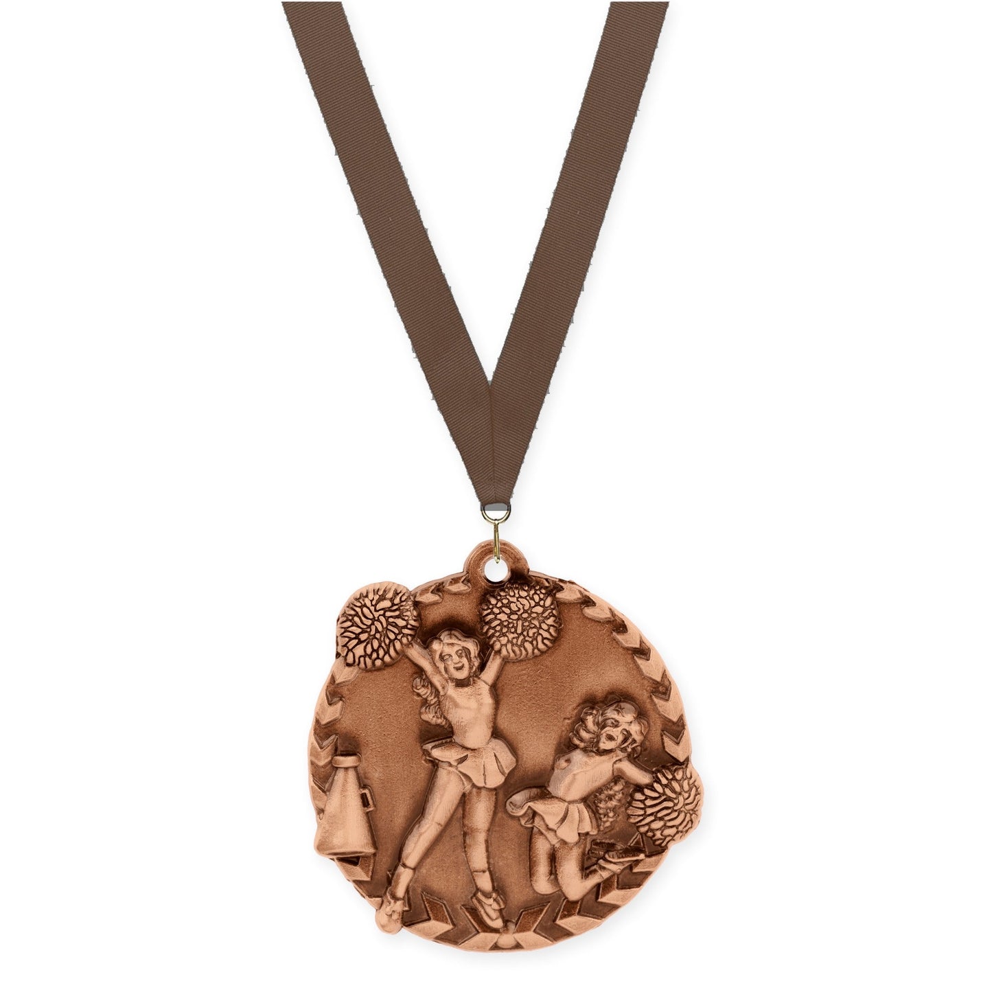 1 3/4 inch cheerleading Millennium medal in antique bronze with Brown neck ribbon