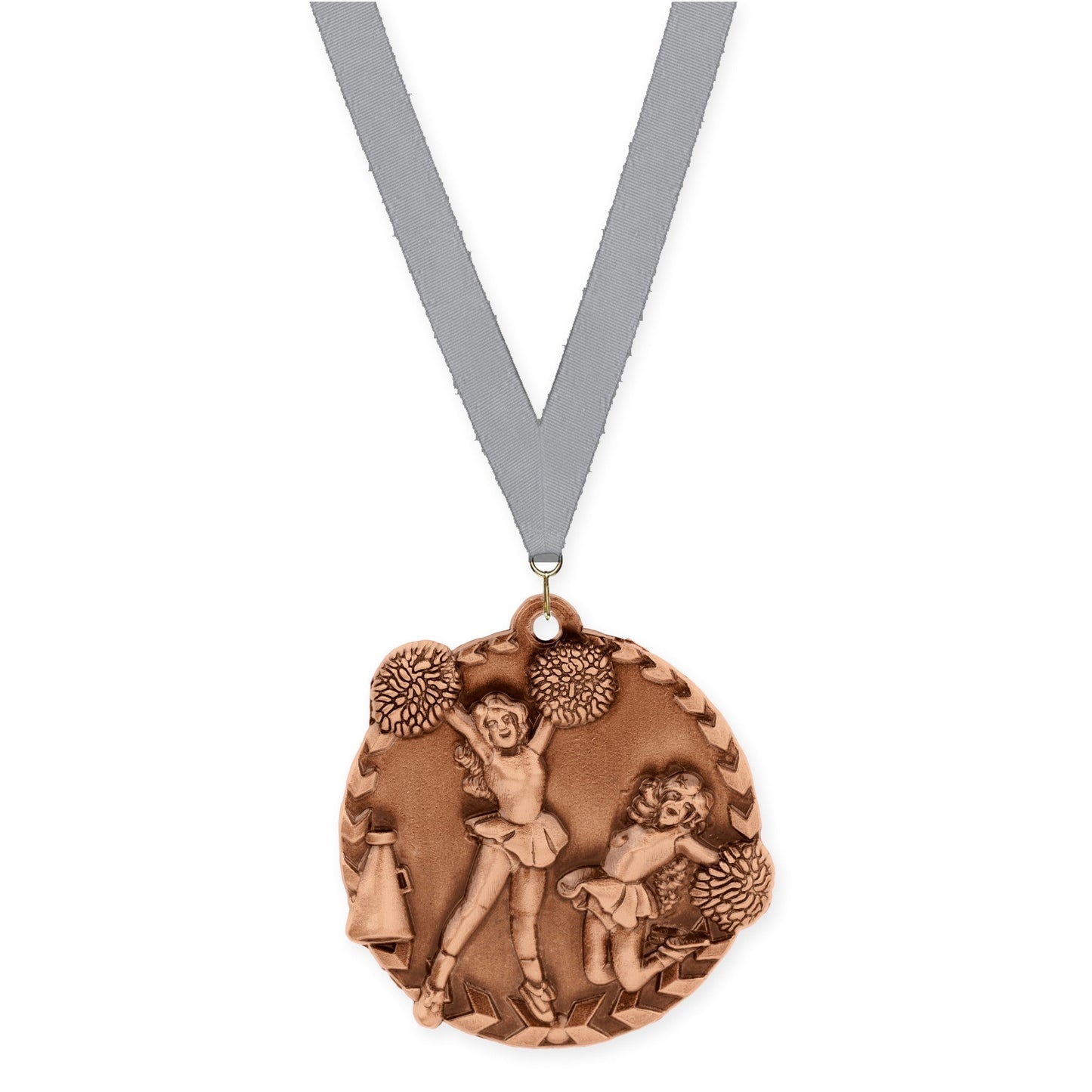 1 3/4 inch cheerleading Millennium medal in antique bronze with Gray neck ribbon