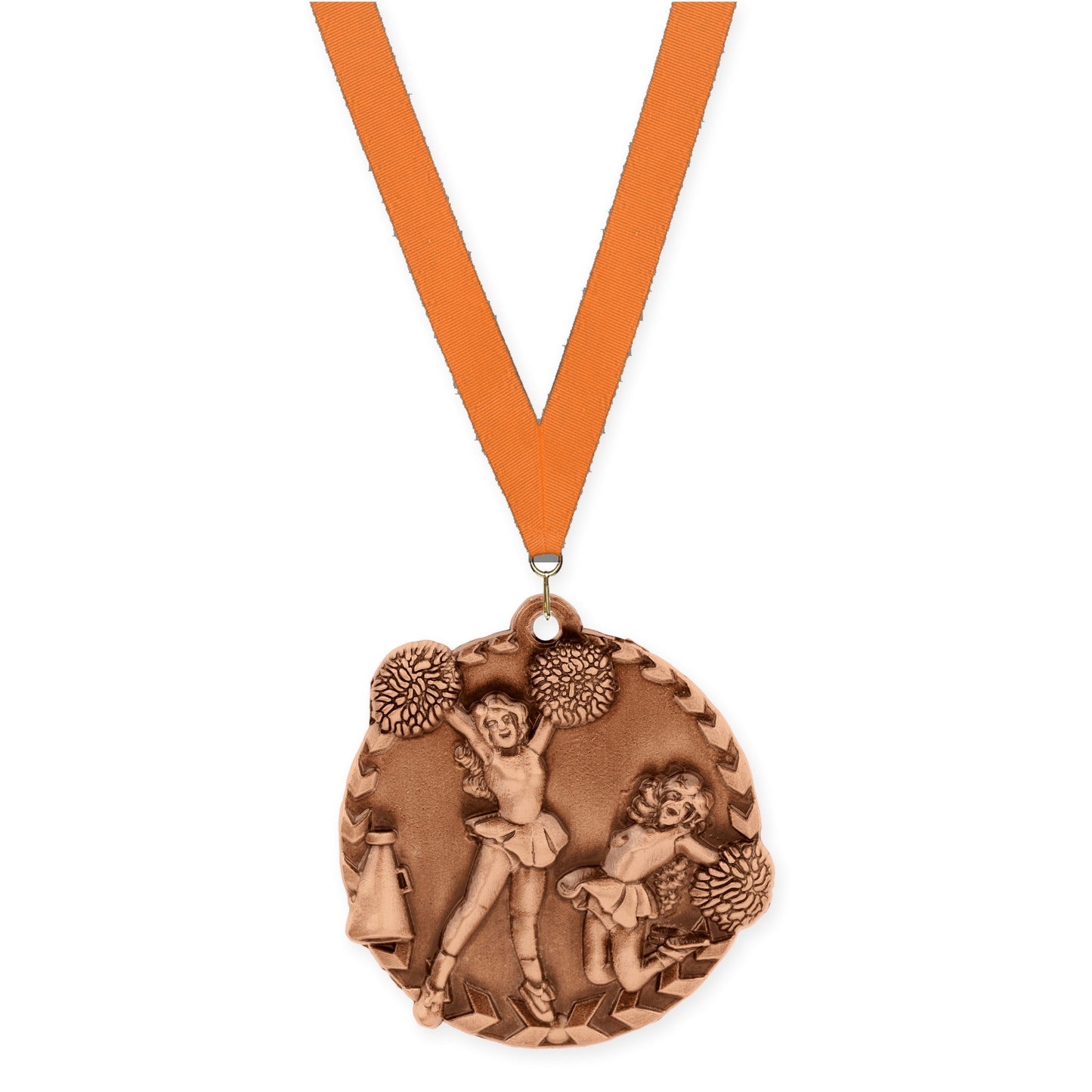 1 3/4 inch cheerleading Millennium medal in antique bronze with Orange neck ribbon