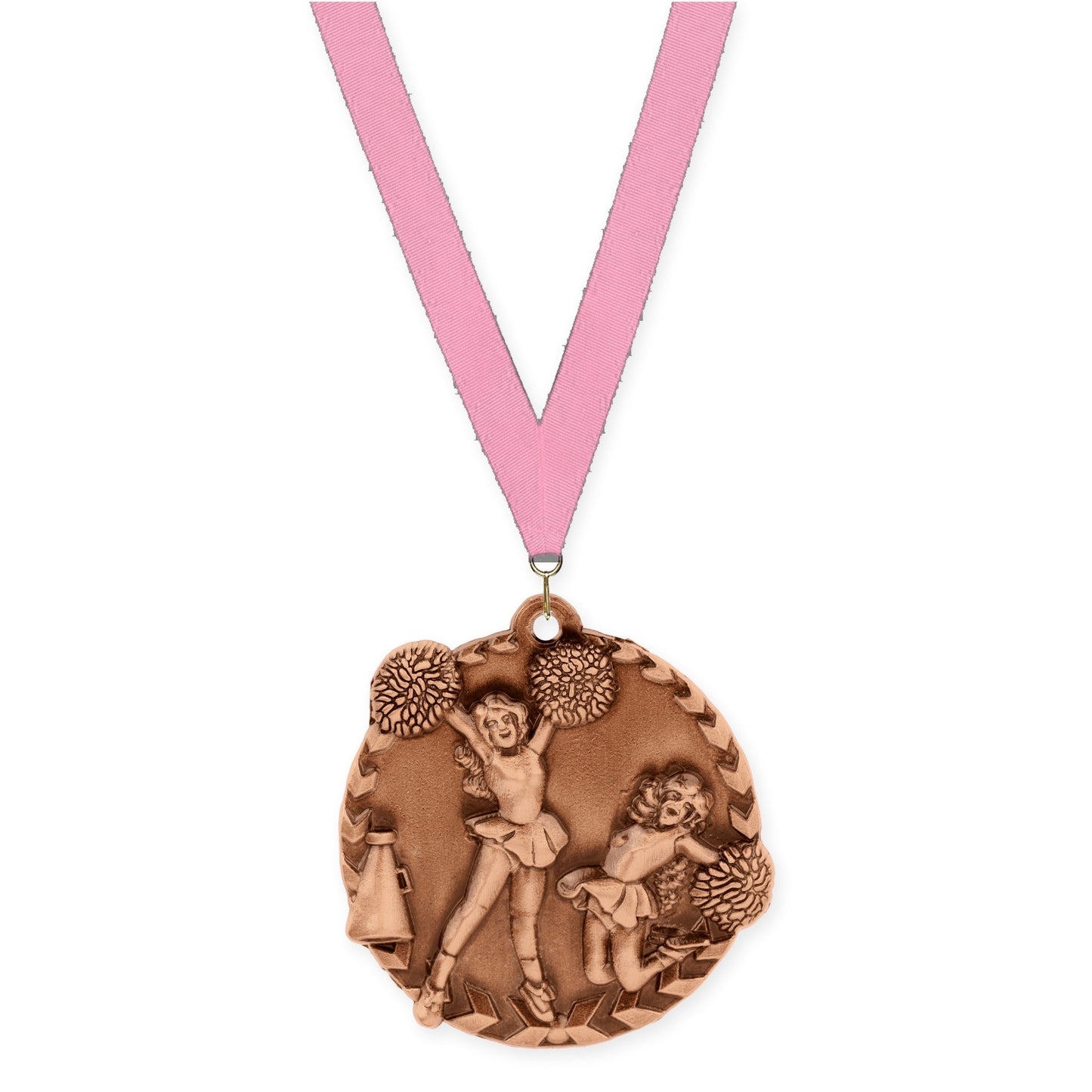 1 3/4 inch cheerleading Millennium medal in antique bronze with Pink neck ribbon