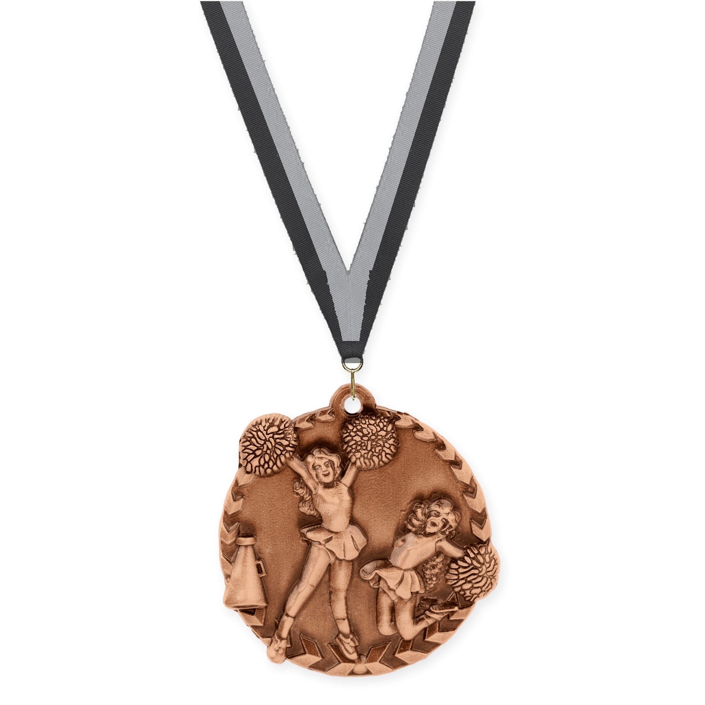 1 3/4 inch cheerleading Millennium medal in antique bronze with Black Gray neck ribbon
