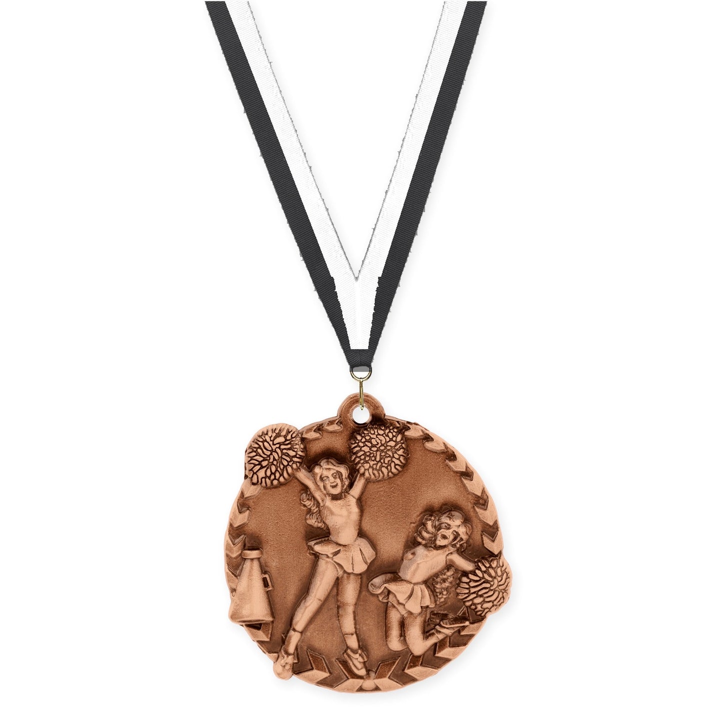 1 3/4 inch cheerleading Millennium medal in antique bronze with Black White neck ribbon