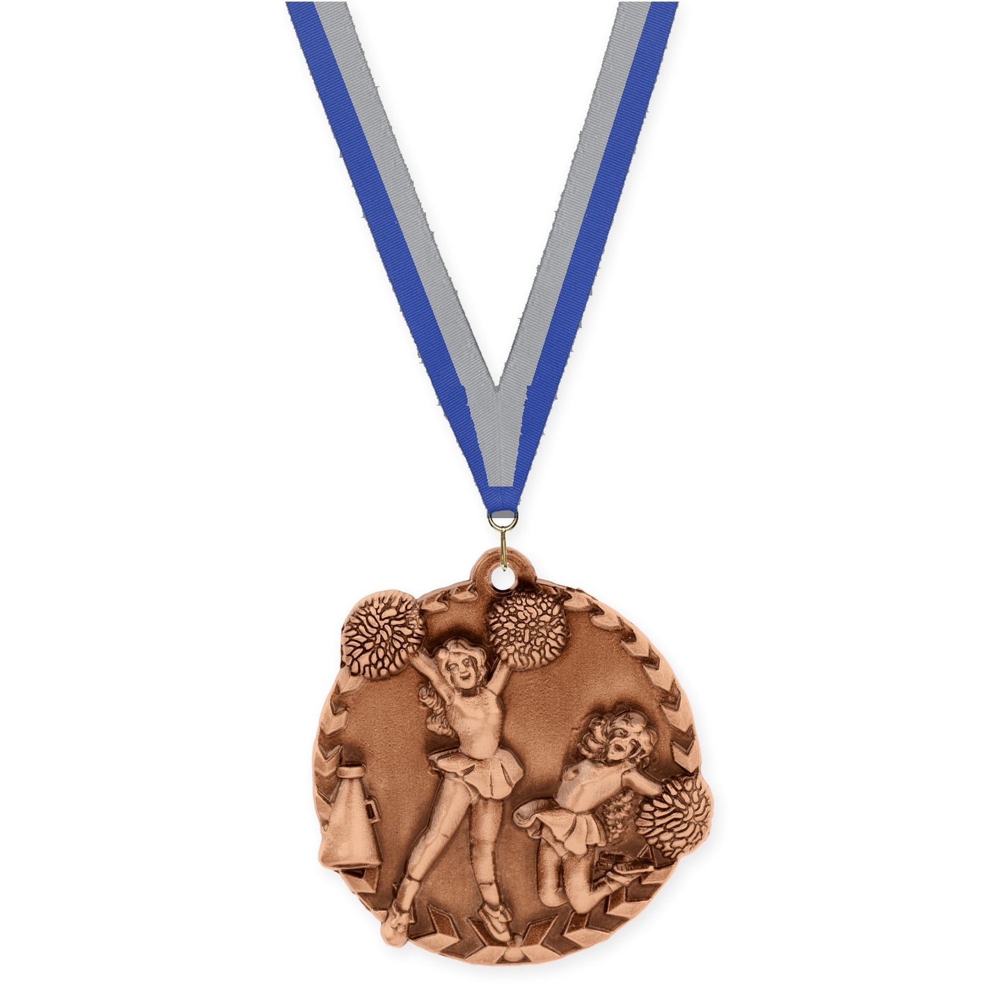 1 3/4 inch cheerleading Millennium medal in antique bronze with Blue Gray neck ribbon