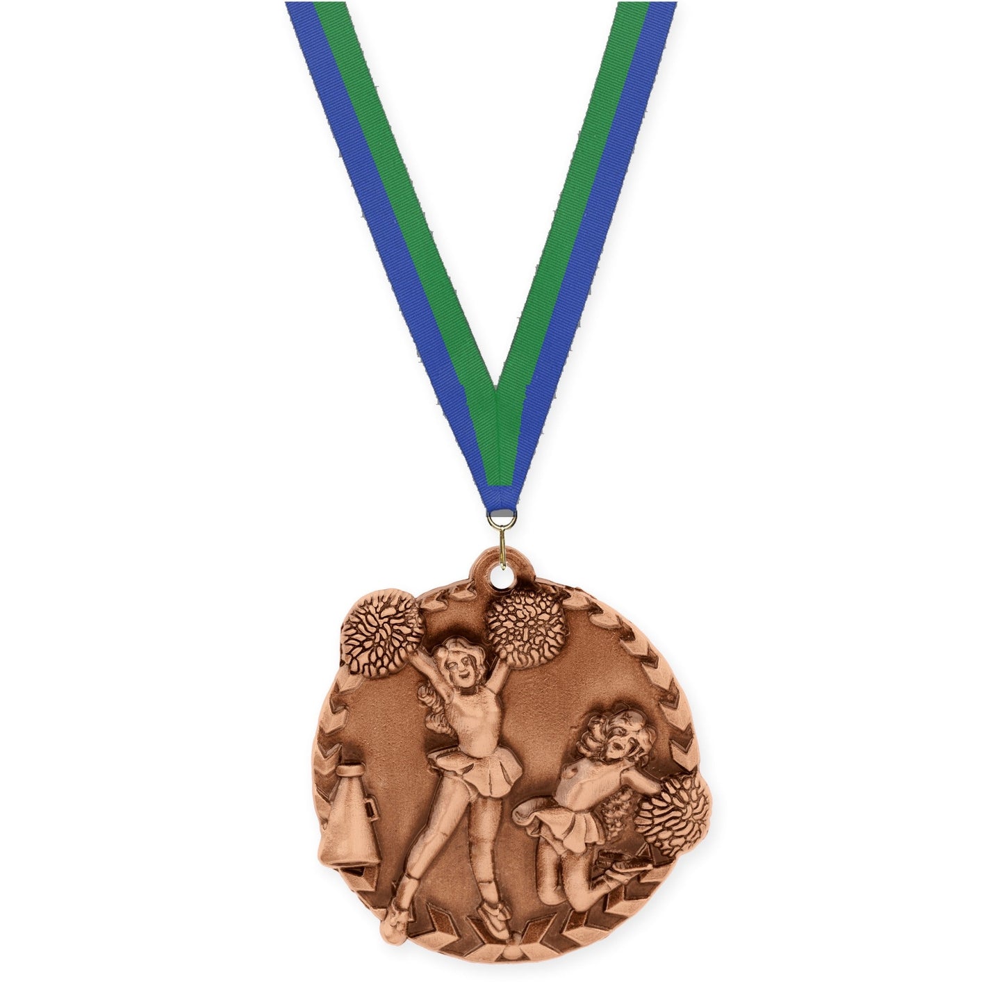 1 3/4 inch cheerleading Millennium medal in antique bronze with Blue Green neck ribbon