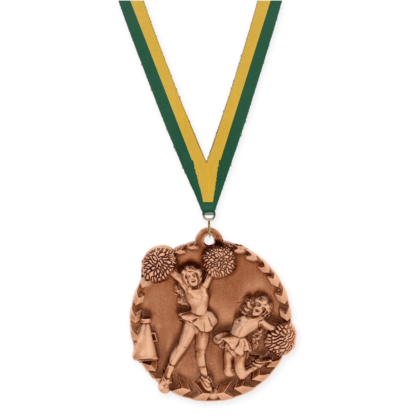 1 3/4 inch cheerleading Millennium medal in antique bronze with Hunter Green Gold neck ribbon