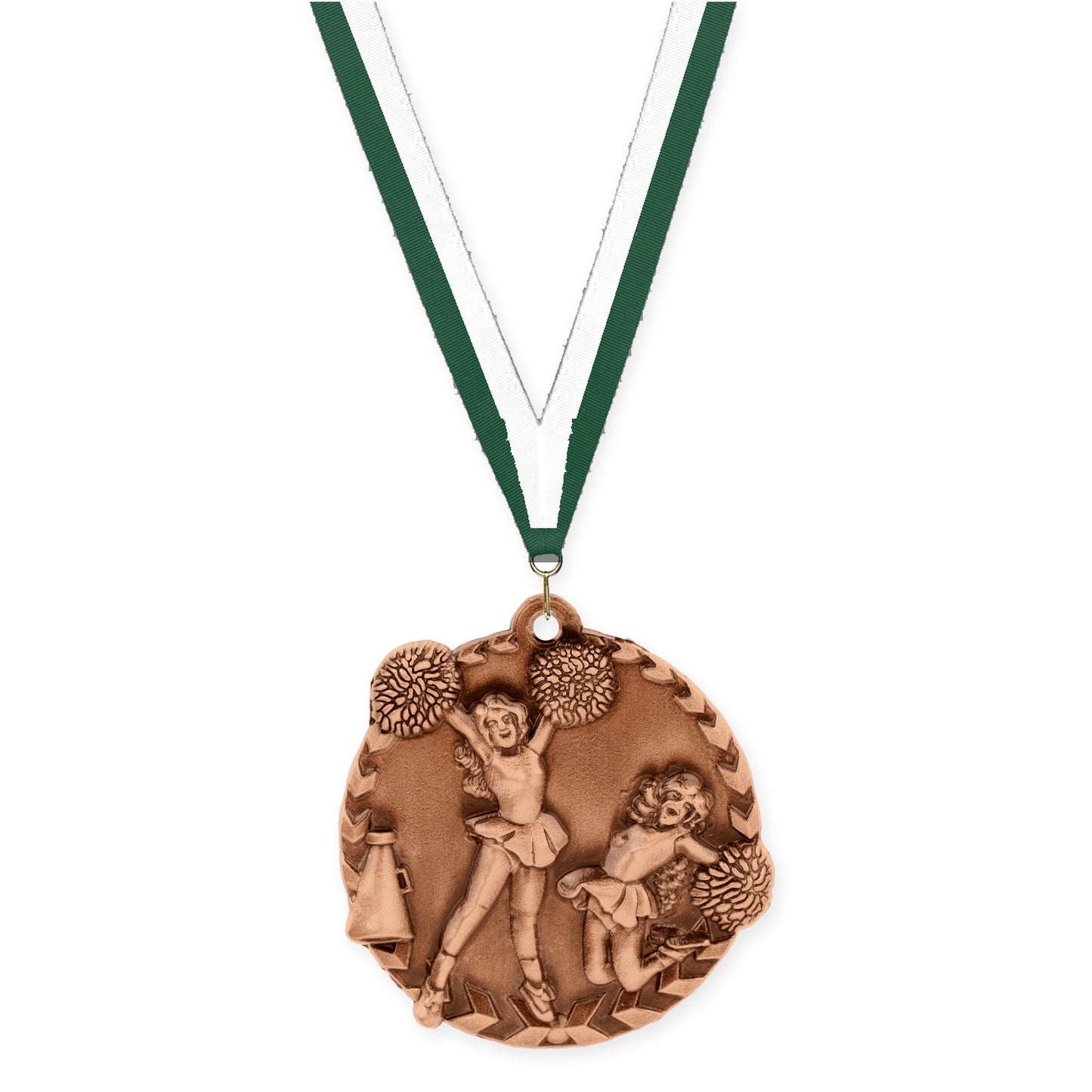 1 3/4 inch cheerleading Millennium medal in antique bronze with Hunter Green White neck ribbon