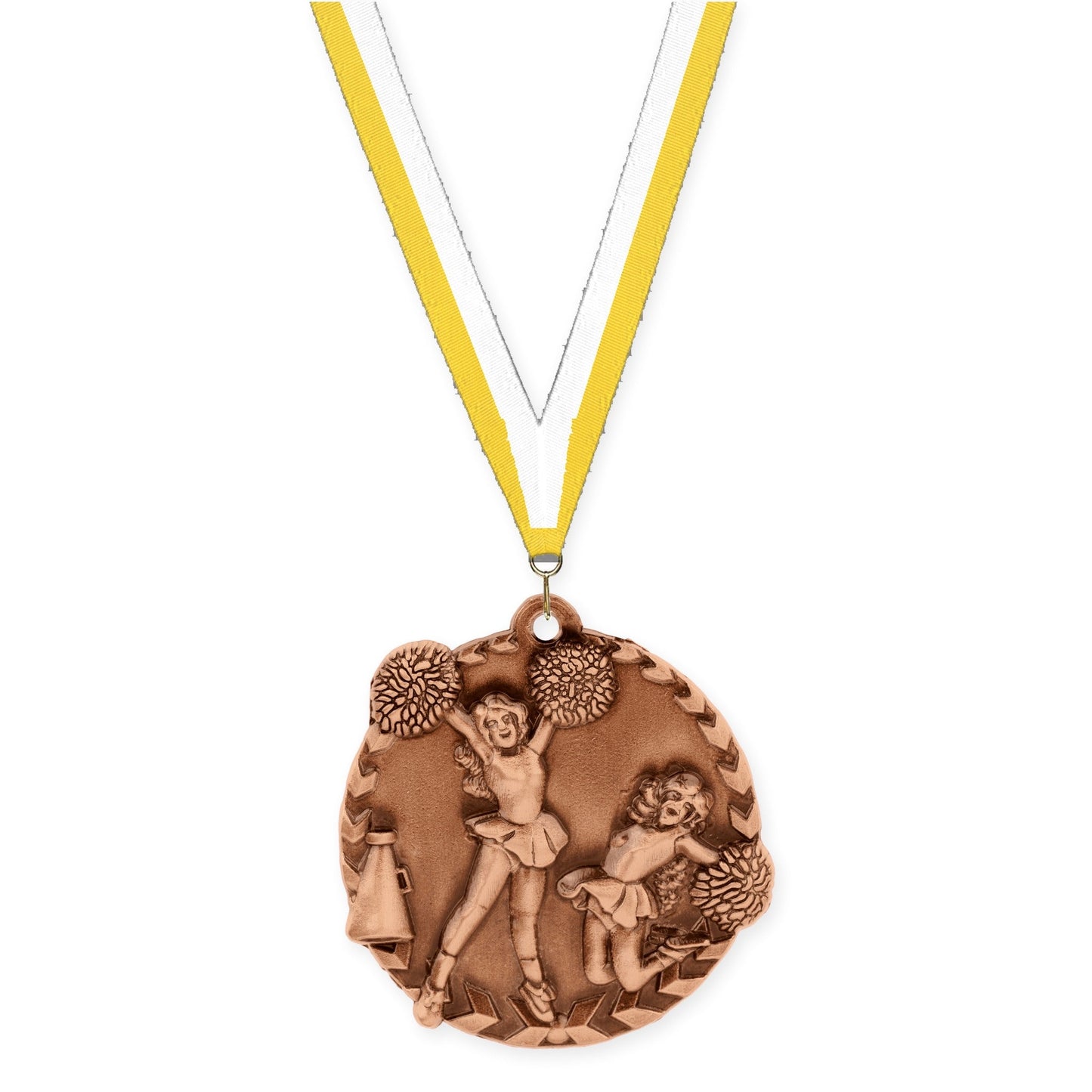 1 3/4 inch cheerleading Millennium medal in antique bronze with Yellow White neck ribbon