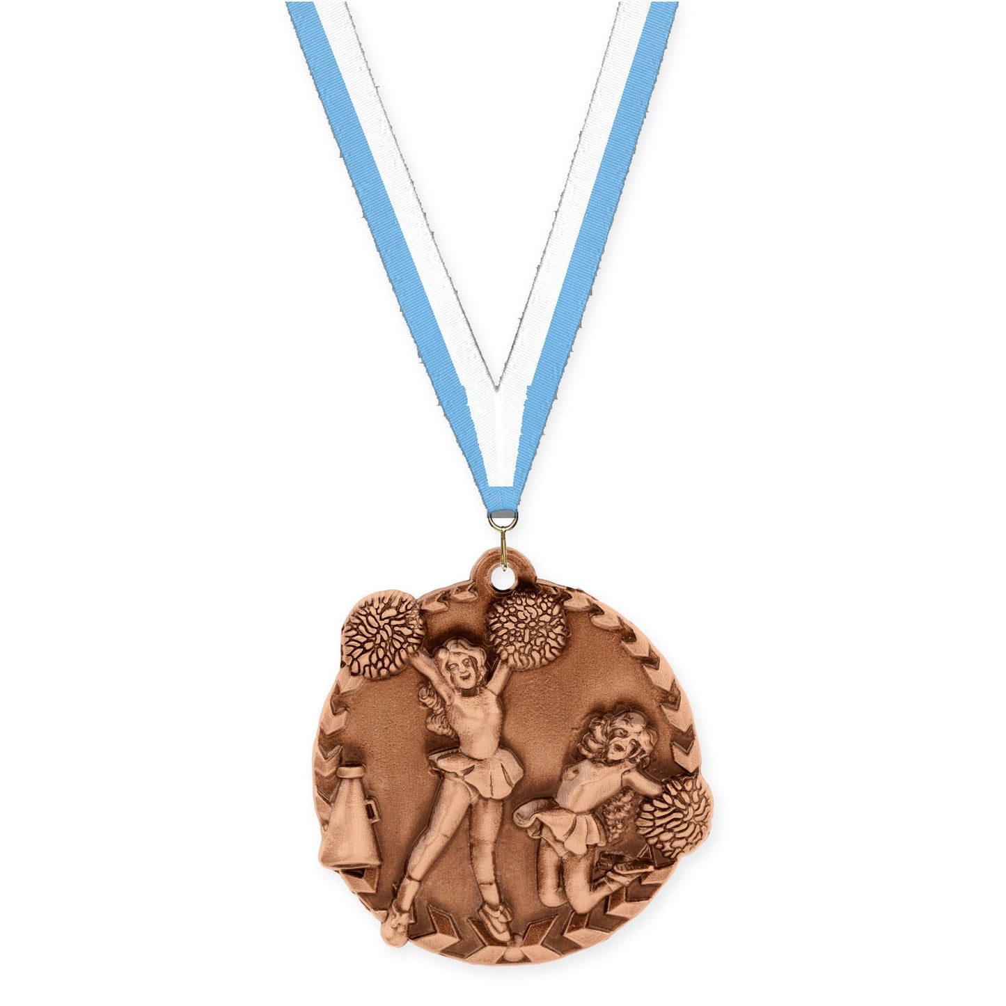 1 3/4 inch cheerleading Millennium medal in antique bronze with Light Blue White neck ribbon