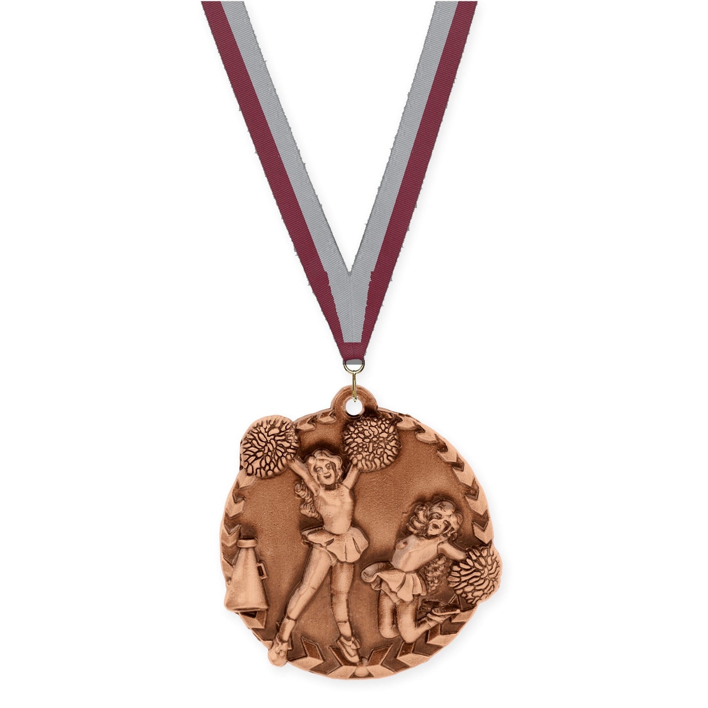 1 3/4 inch cheerleading Millennium medal in antique bronze with Maroon Gray neck ribbon