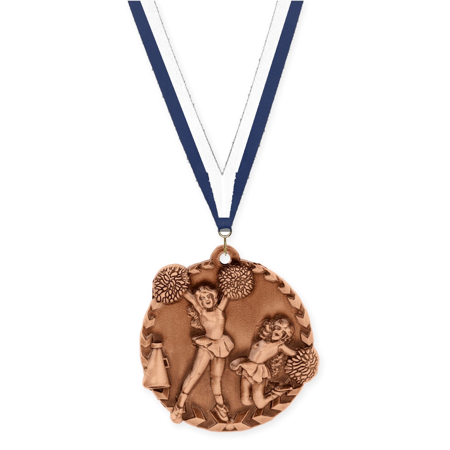 1 3/4 inch cheerleading Millennium medal in antique bronze with Navy White neck ribbon