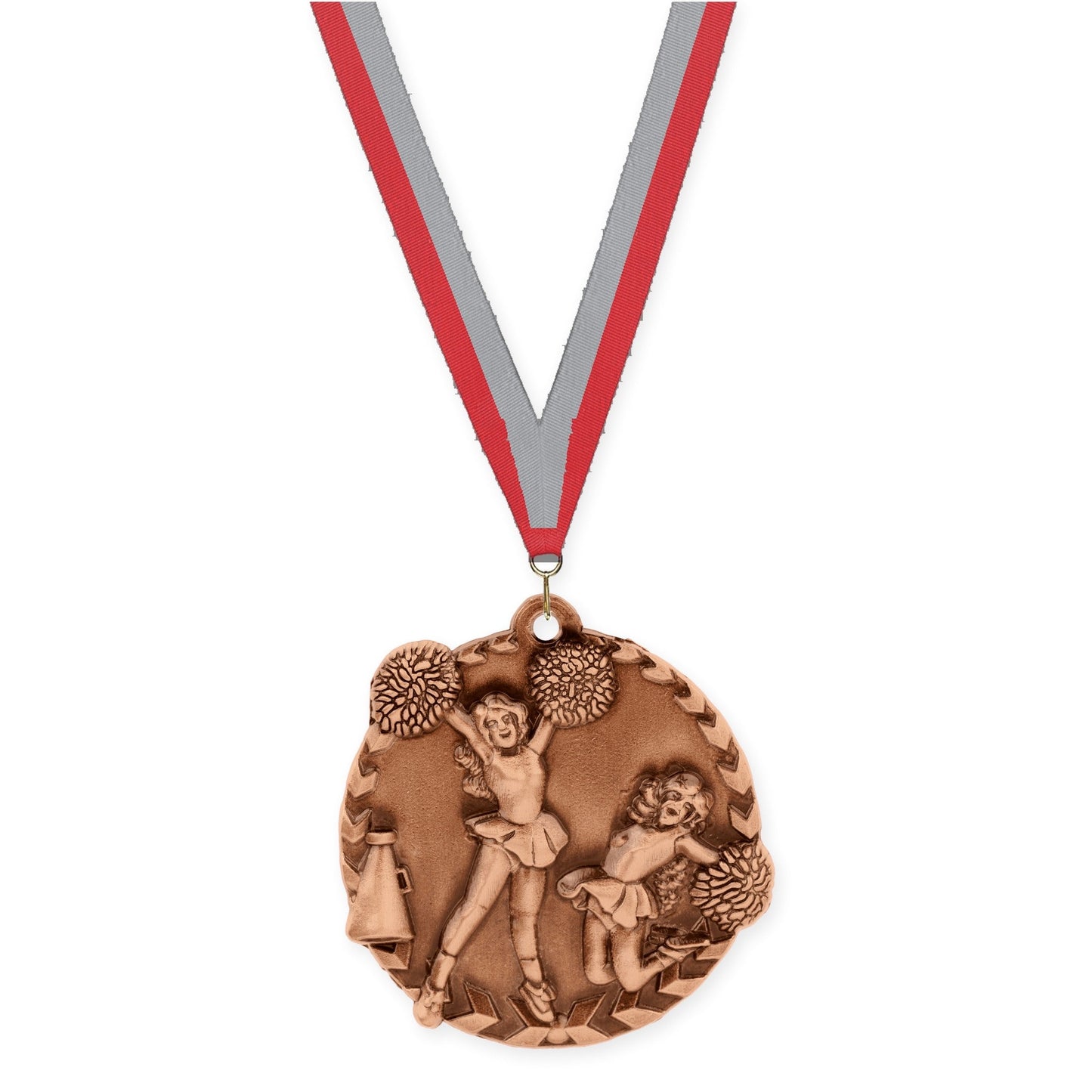 1 3/4 inch cheerleading Millennium medal in antique bronze with Red Gray neck ribbon